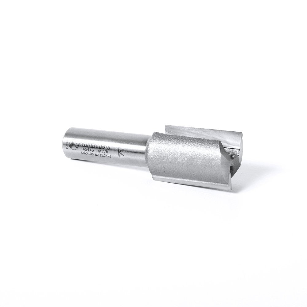 Amana Tool carbide-tipped straight plunge bit with 7/8 inch diameter, 1-1/4 inch length, and 1/2 inch shank for woodworking.