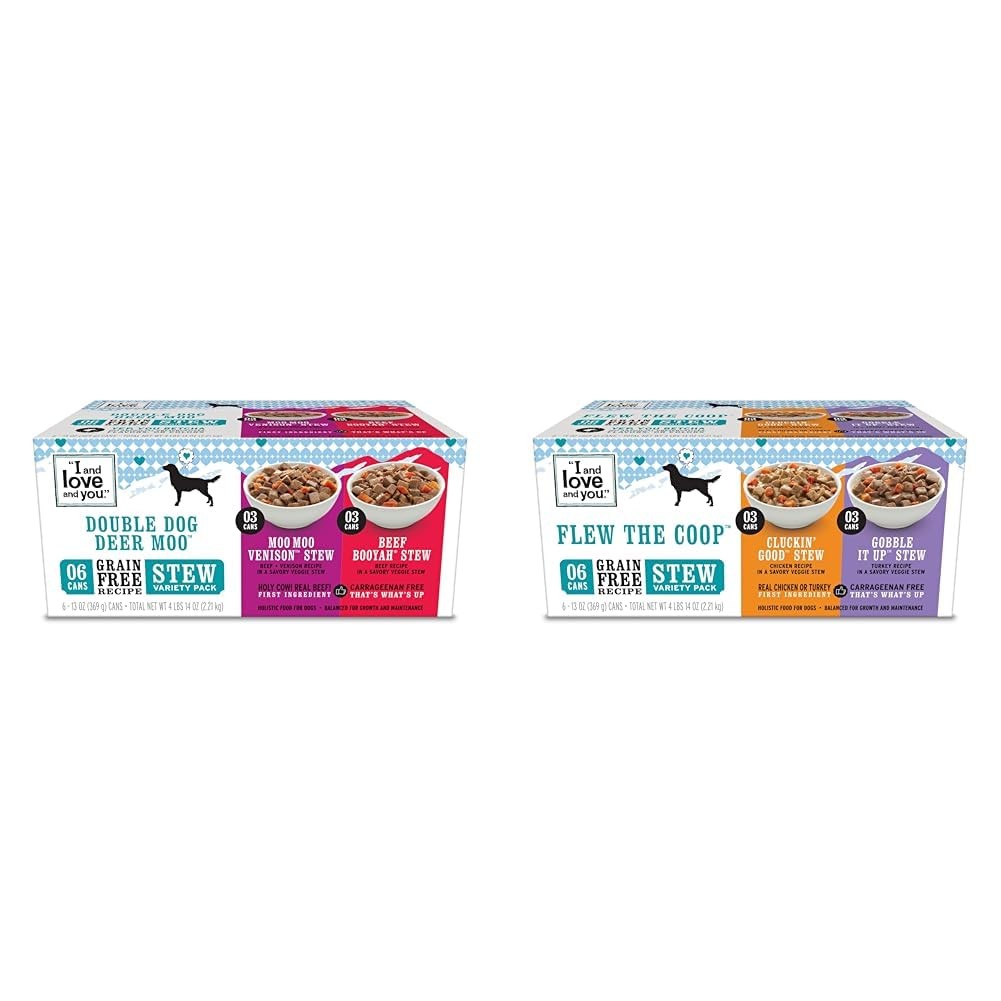 I AND LOVE AND YOU Wet Dog Food Bundle with Double Dog Deer Moo Variety Pack and F, featuring cans of dog food with labels and packaging.