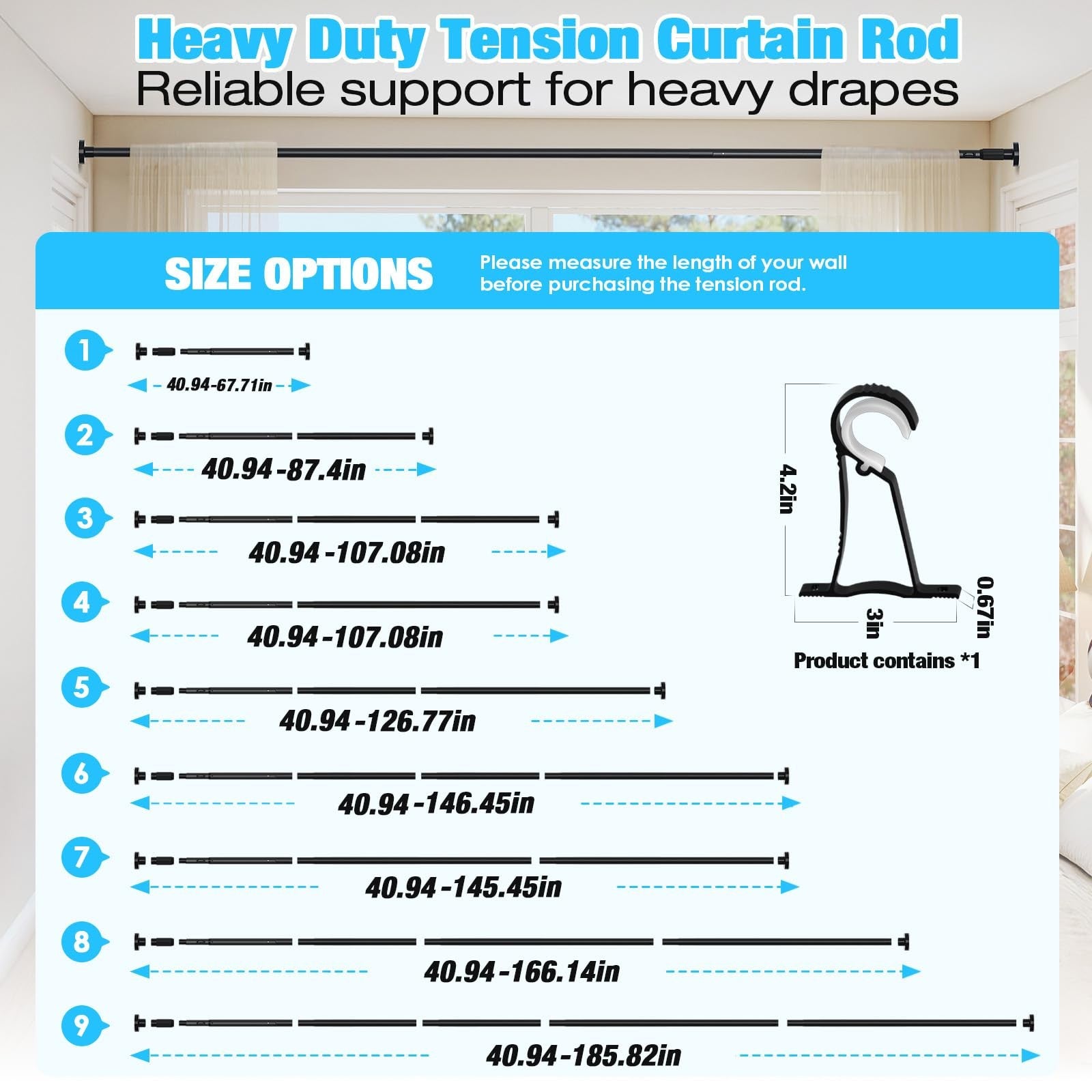 Mexau black tension curtain rod for windows, 41-185 inches, heavy-duty metal, adjustable for secure hanging.