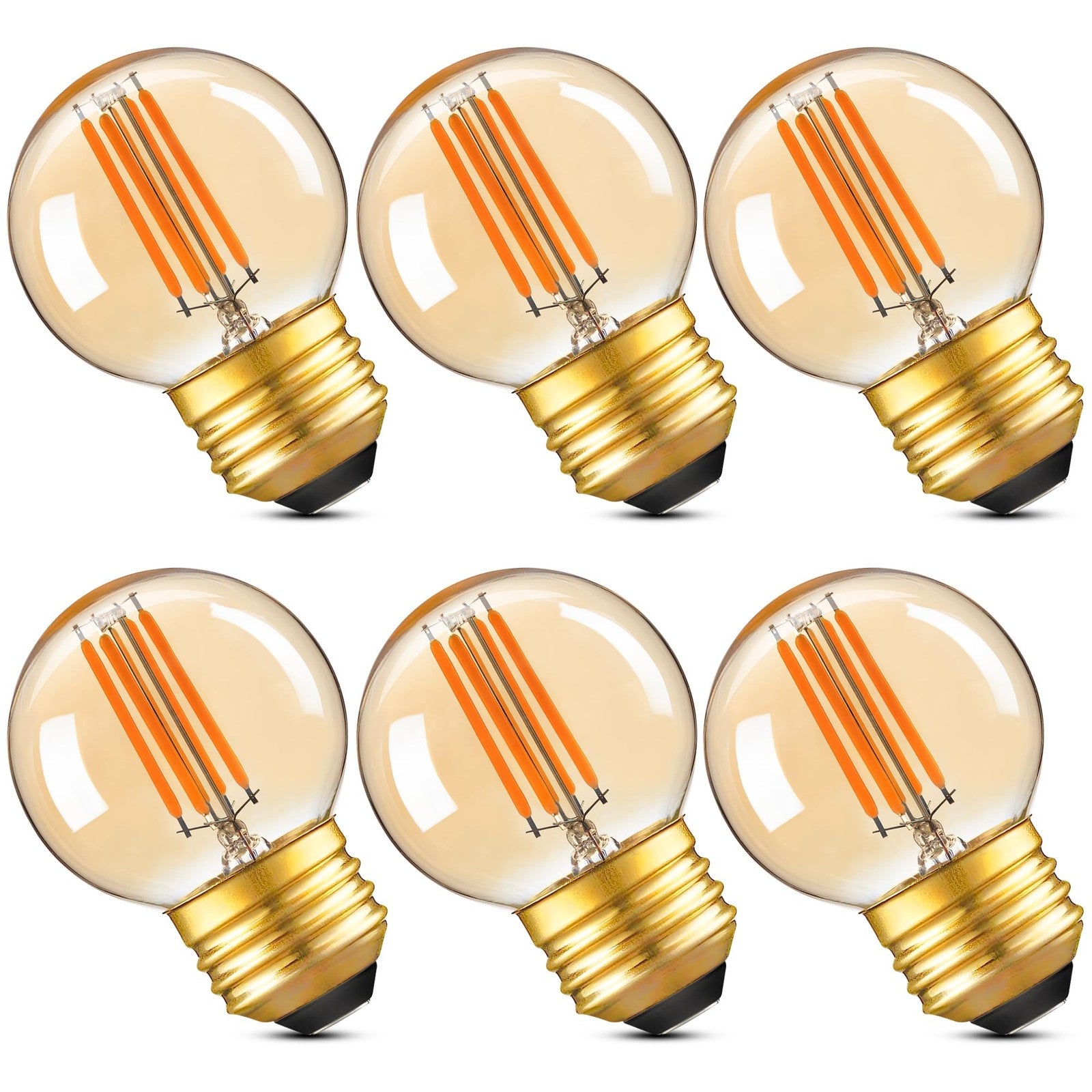 Dimmable amber LED G16.5 light bulb by PADMO LUDAZ, vintage style, 4W designed to replace 40W incandescent bulbs, shown glowing.