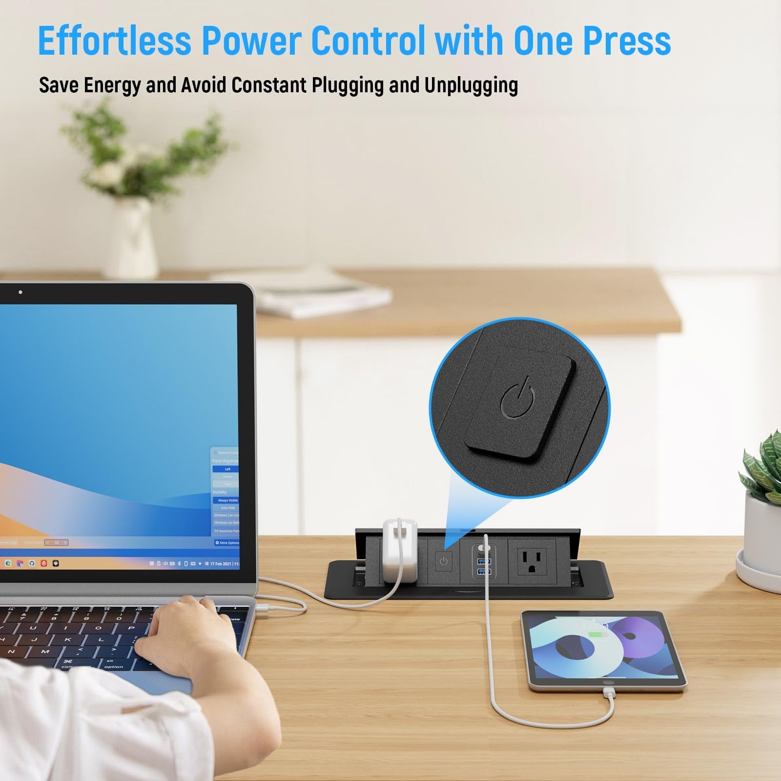 Sussex recessed power strip with 2 AC outlets, 2 USB-A ports, and USB-C port, pop-up design for convenient charging.