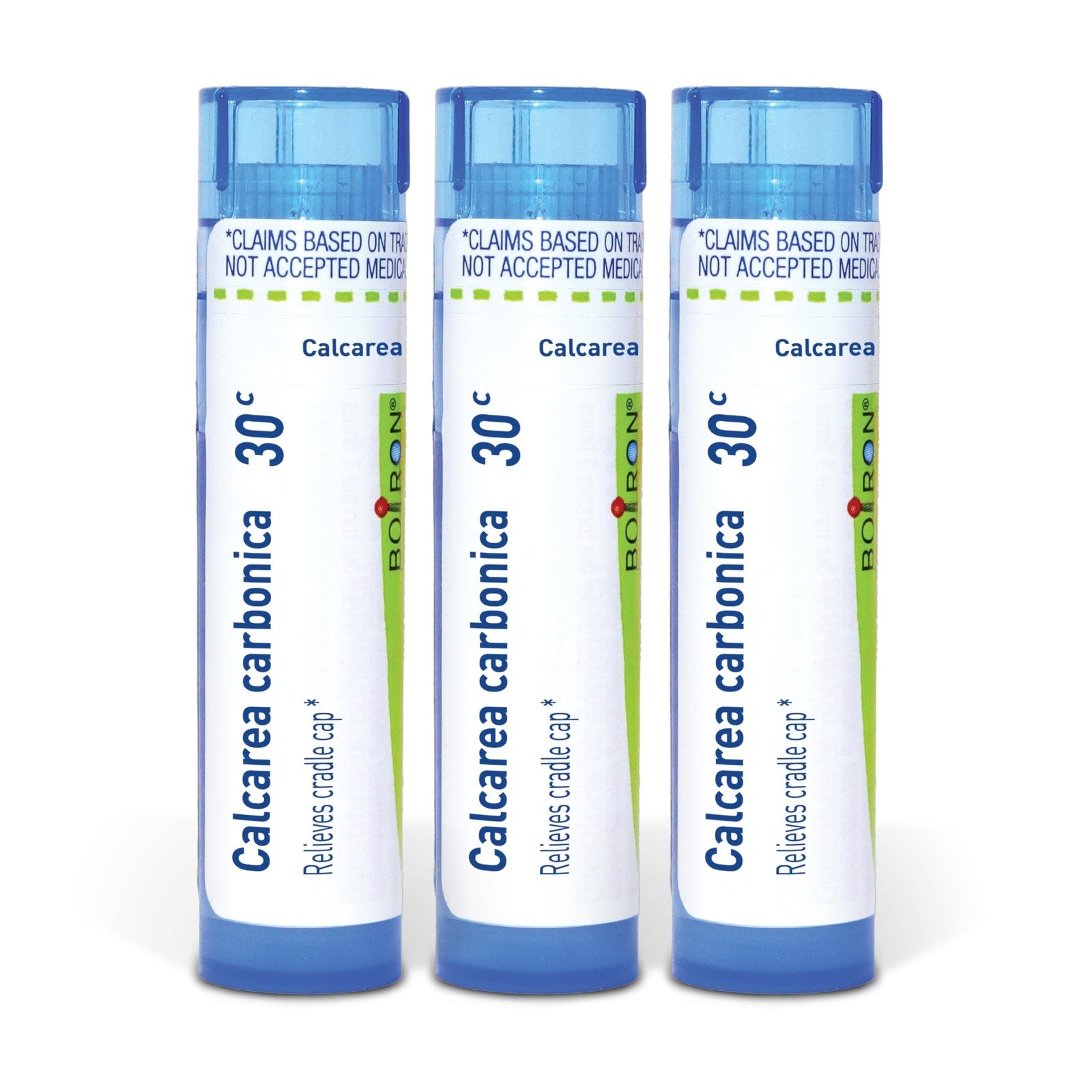 Boiron Calcarea Carbonica 30c homeopathic medicine for cradle cap, displayed in a pack of three bottles with labels visible.