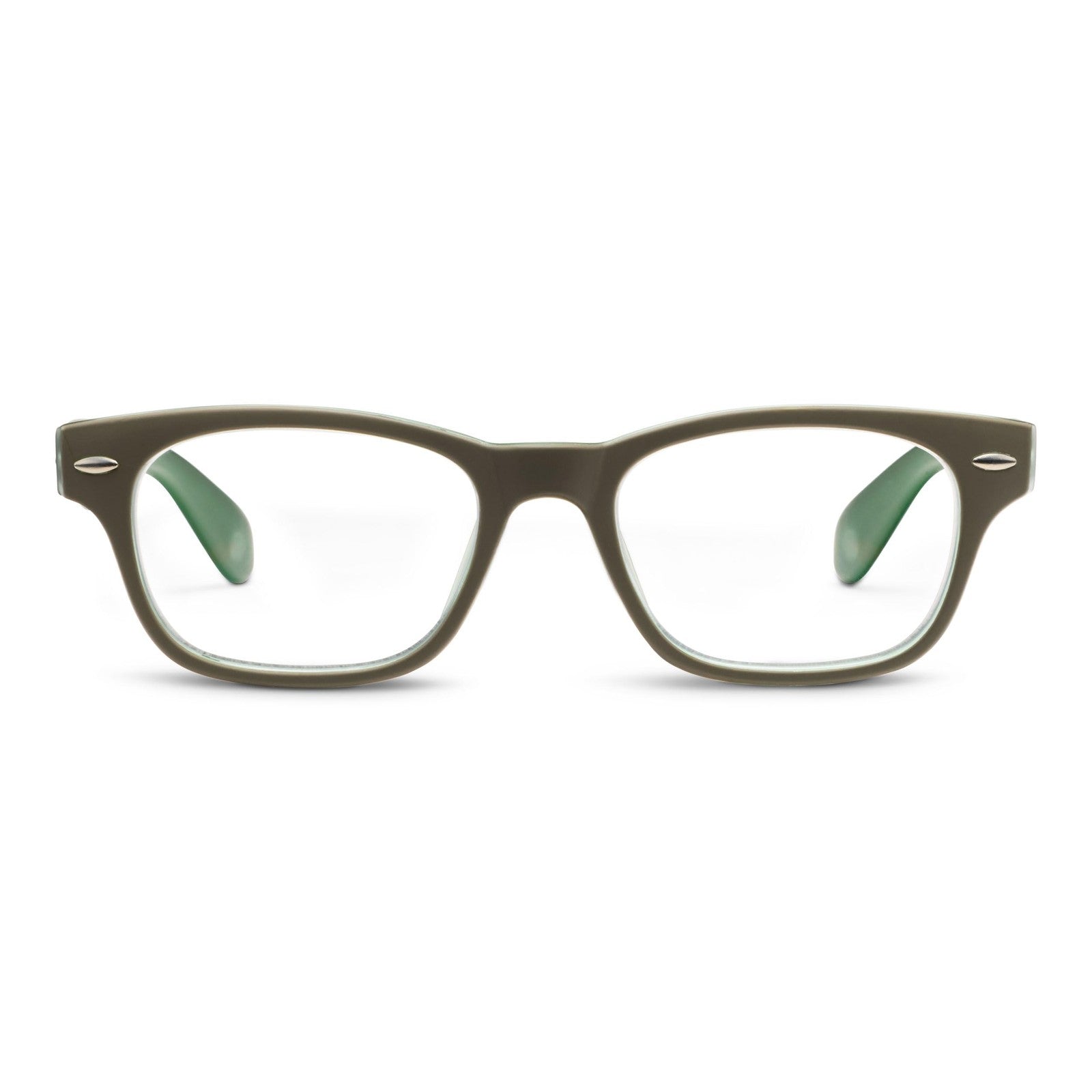 Peepers by PeeperSpecs Bellissima Focus green eyeglasses with sleek rectangular frames on a white background.