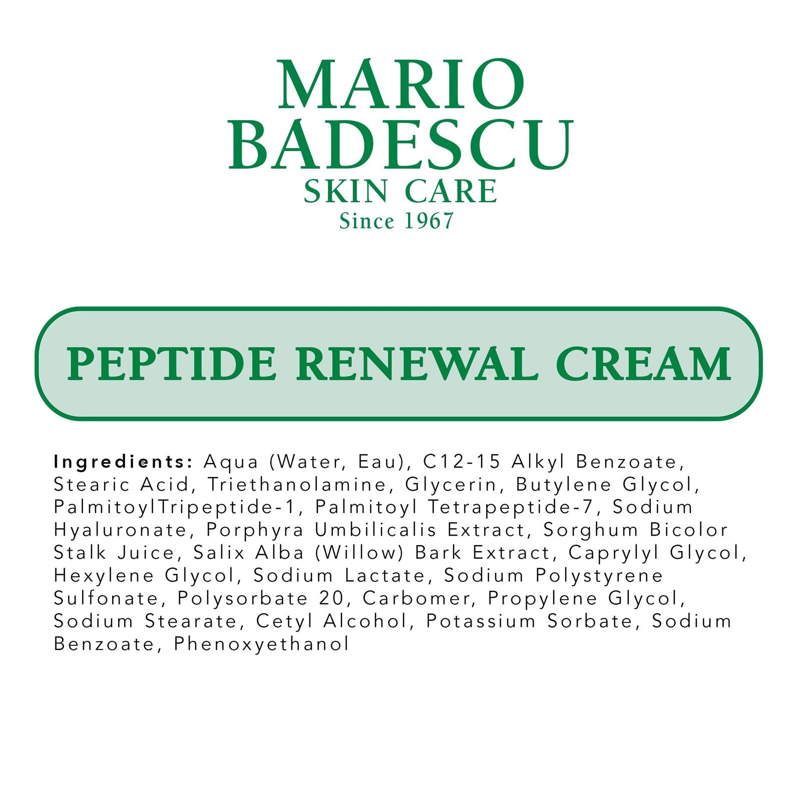 Mario Badescu Peptide Renewal Cream jar for combination, dry, and sensitive skin with a white and blue label on a white background.