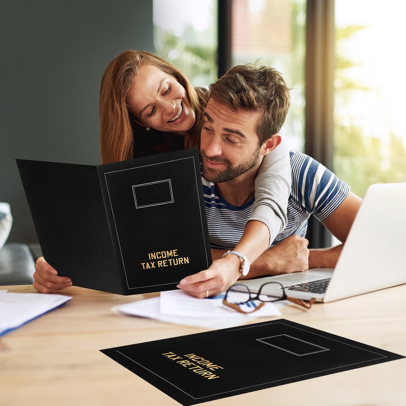 Kisston 25-pack of gold foil stamped tax return folders with 2 pockets, ideal for organizing income tax documents.
