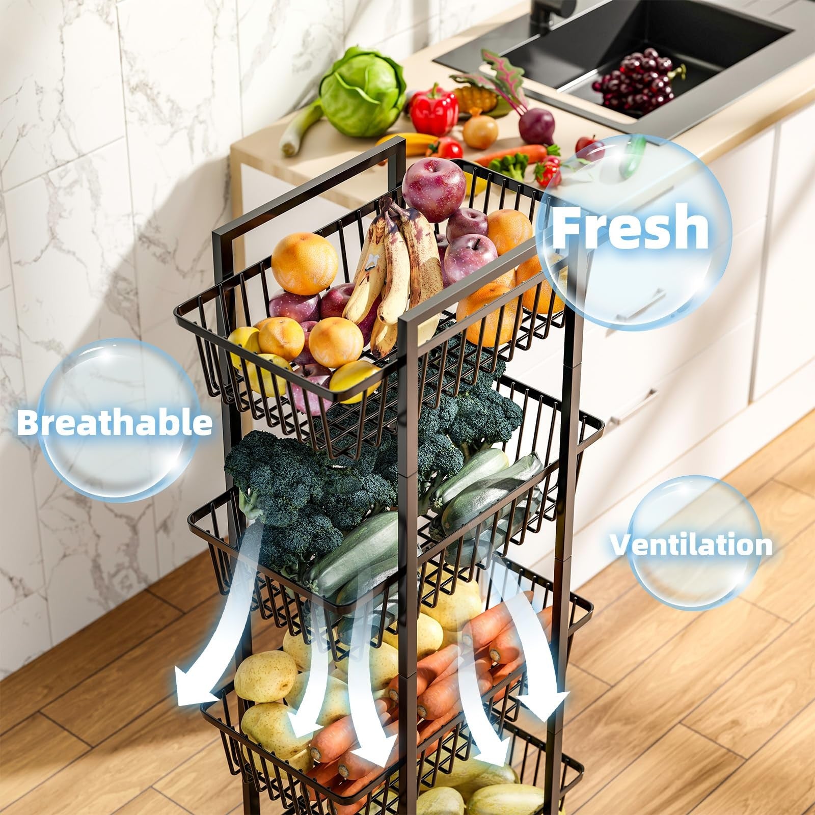 Simple Trending 4-tier rolling fruit and vegetable basket cart with metal wire shelves for kitchen storage and organization.