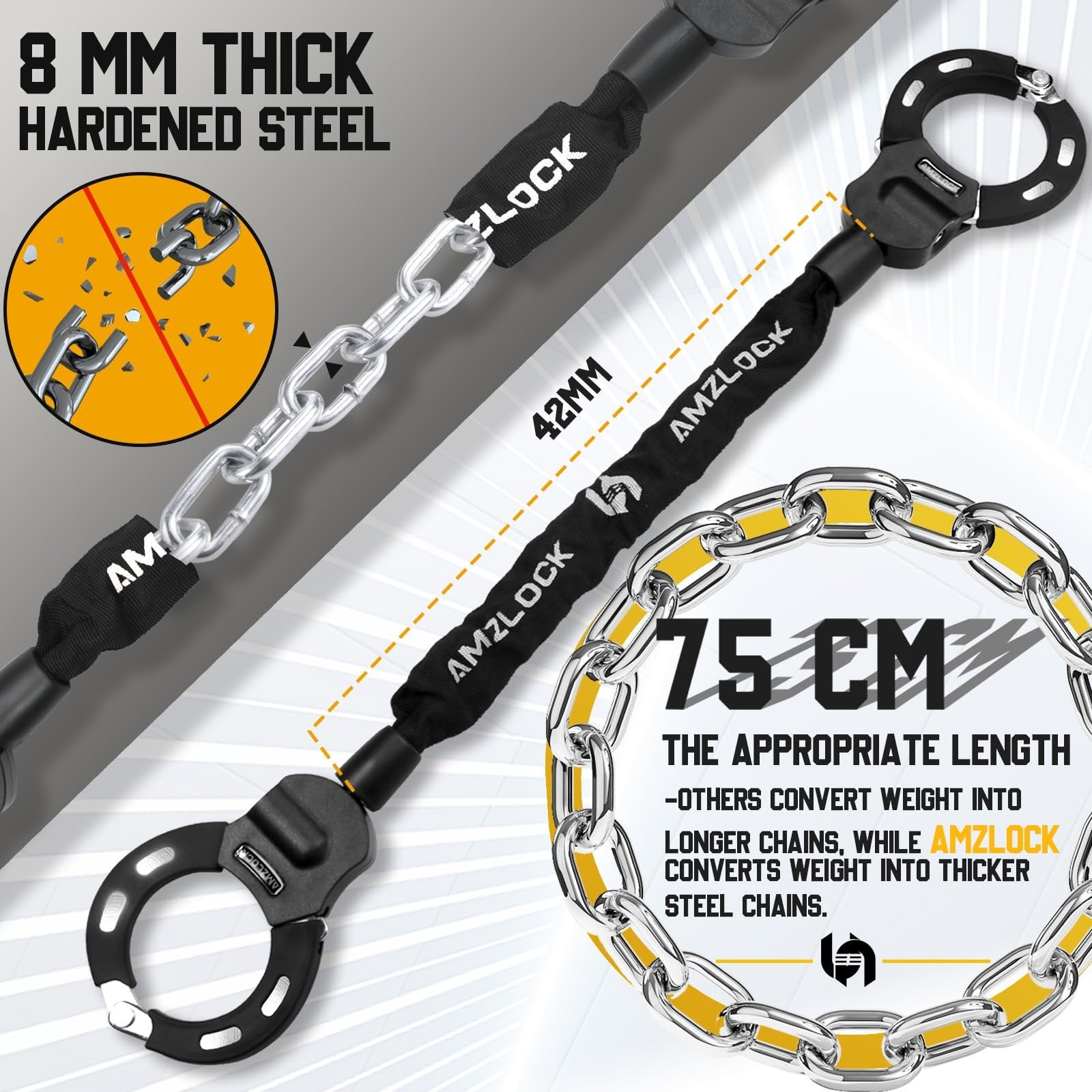AMZLOCK electric scooter lock with heavy-duty 5/16-inch chain for anti-theft security, shown coiled and ready for use.