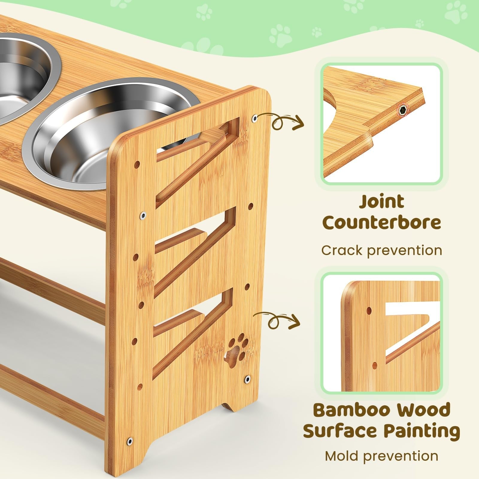 CozyLazy elevated dog bowl stand for large and medium dogs, adjustable height, with two ceramic bowls on a wooden frame.