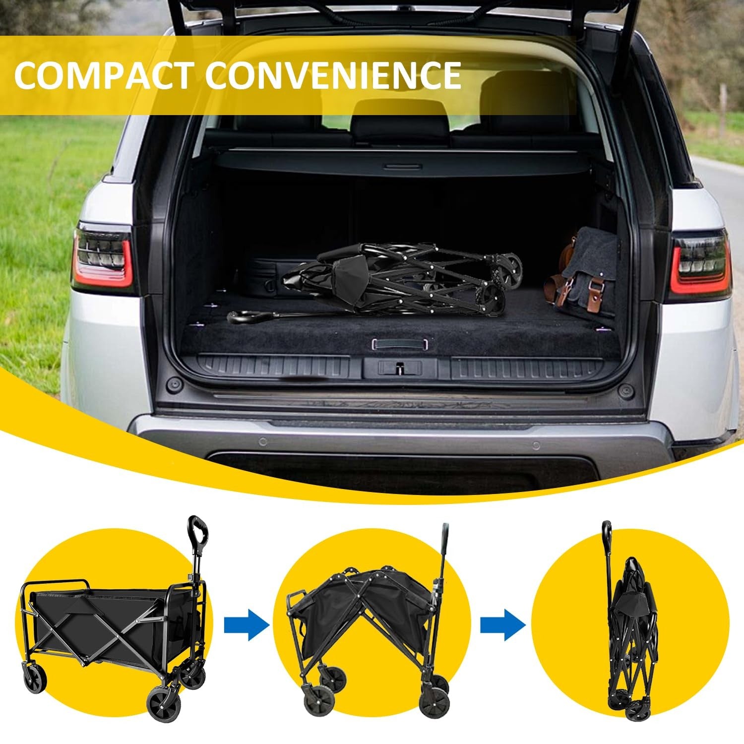SAILARY heavy duty folding wagon with reinforced steel frame and 320lb capacity, shown folded for compact storage.