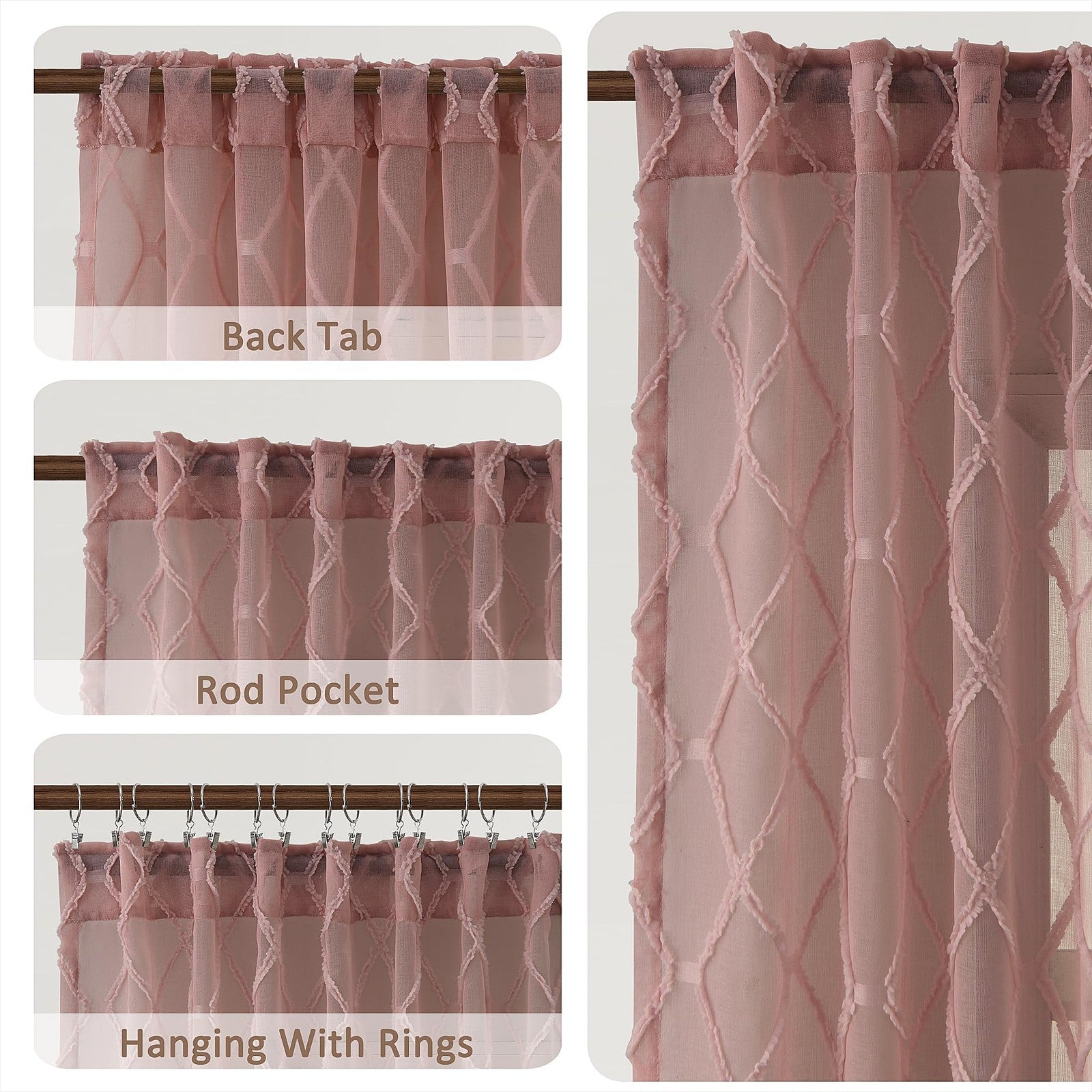 Hokibero extra long canyon rose sheer curtains, 108-inch length, hanging in a living room with soft natural light.