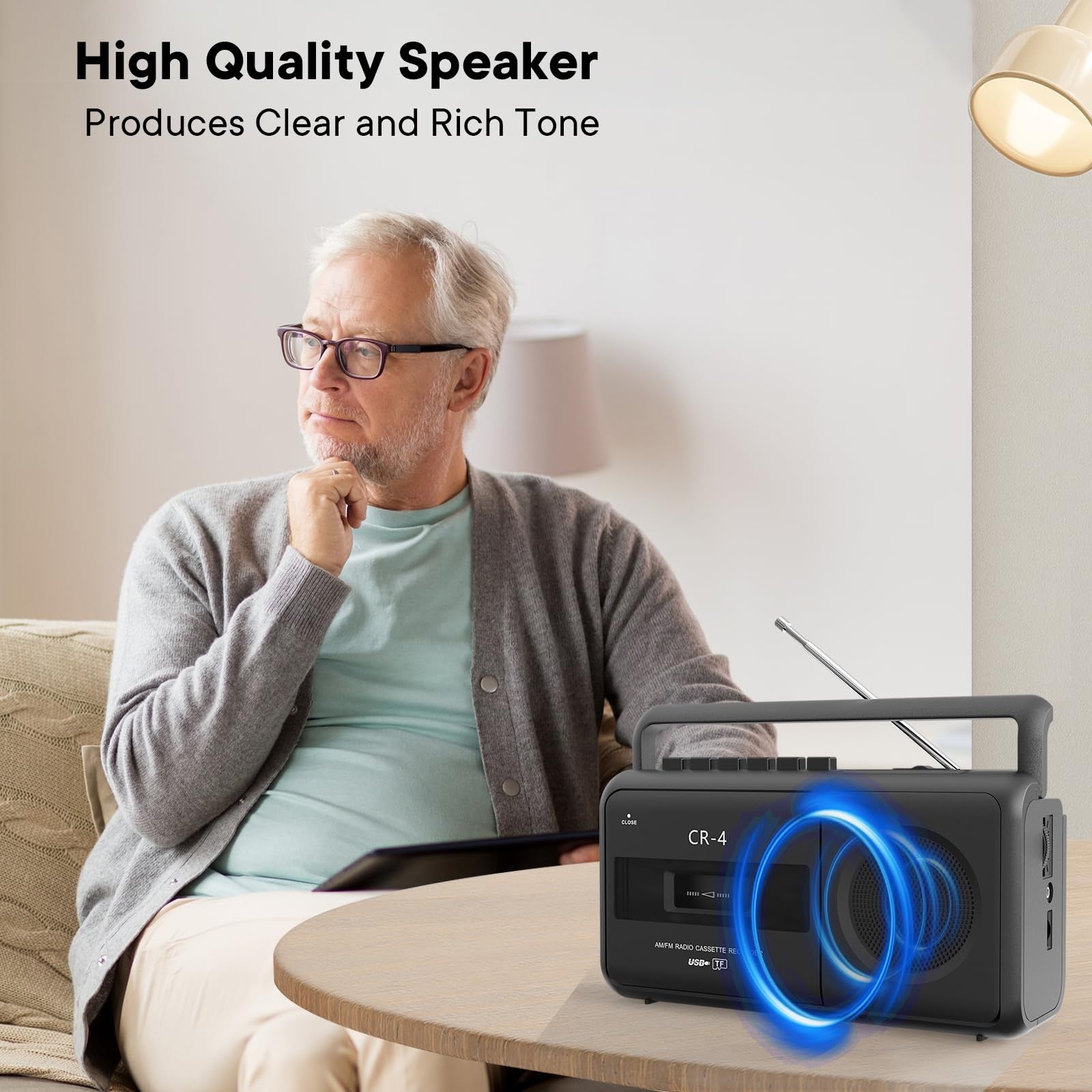 KUEPHOM portable cassette tape player recorder boombox with AM/FM radio, black design, featuring cassette deck and control buttons