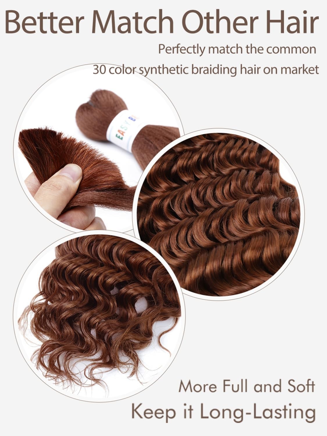Leruikair Color 30 dark brown deep wave human braiding hair bundle, 50g bulk hair for weaving and protective styles.