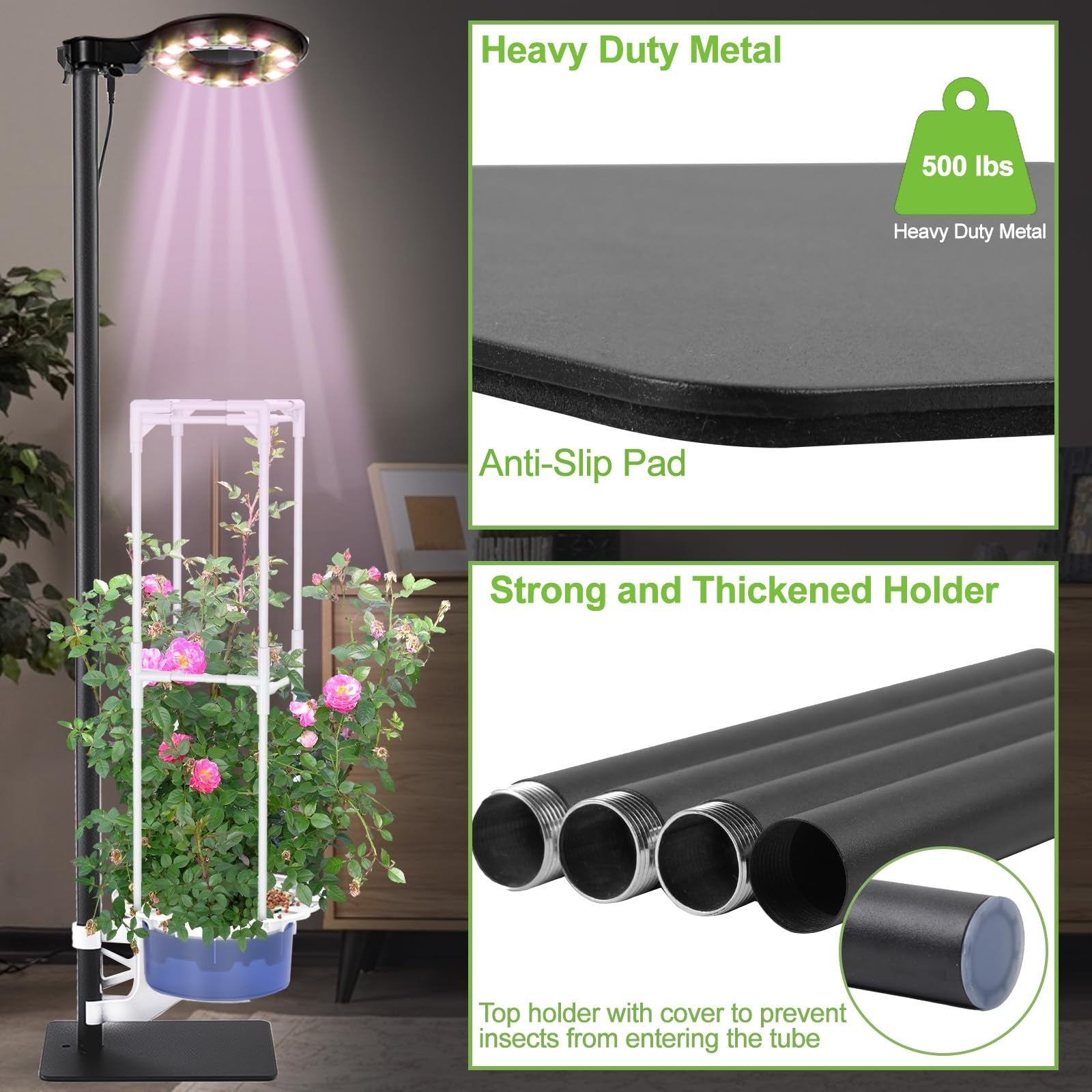 Indoor herb and vegetable hydroponics growing system tower kit with grow light by E SUPEREGROW, showing multiple plant containers and LED lighting.