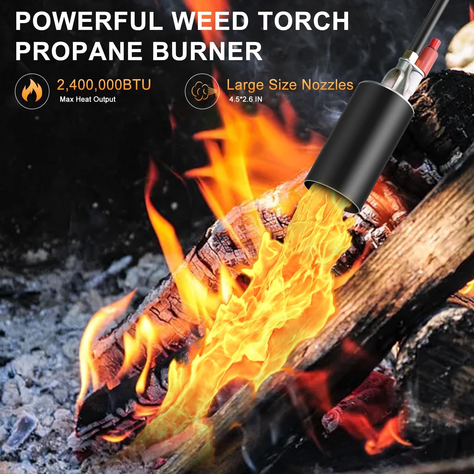 ROIKETU propane torch weed burner with self-ignition and flame control, outdoor weed clearing tool with a handheld design.
