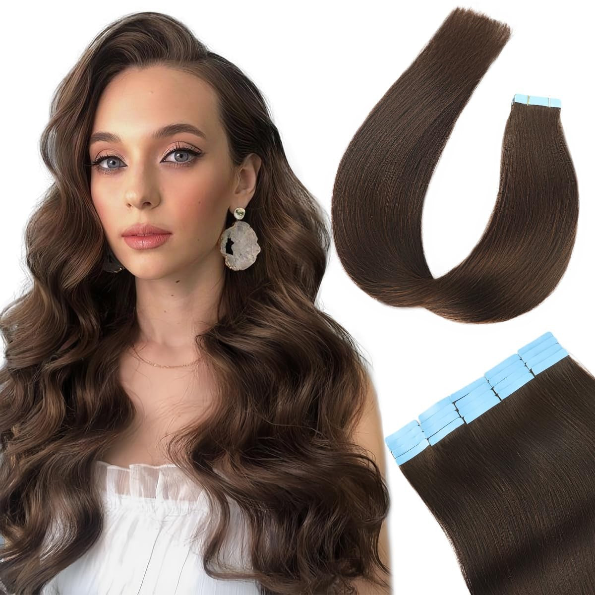 LAKASTATR 22-inch human hair tape-in extensions in shade #4 M, showing seamless tape-in hair extensions with smooth, layered strands.