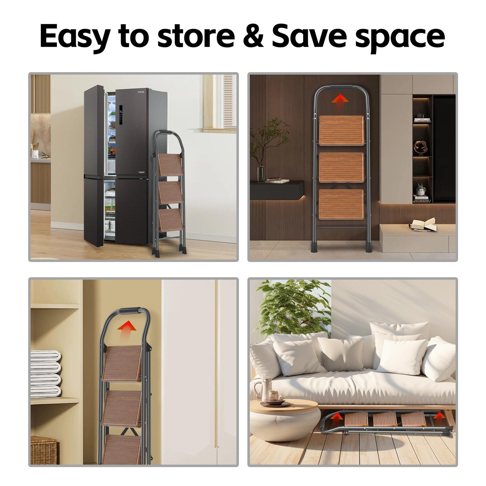 Foldable step ladder by DIAMONDFORGE with three steps, suitable for home, kitchen, and adult use, in a compact, foldable design.