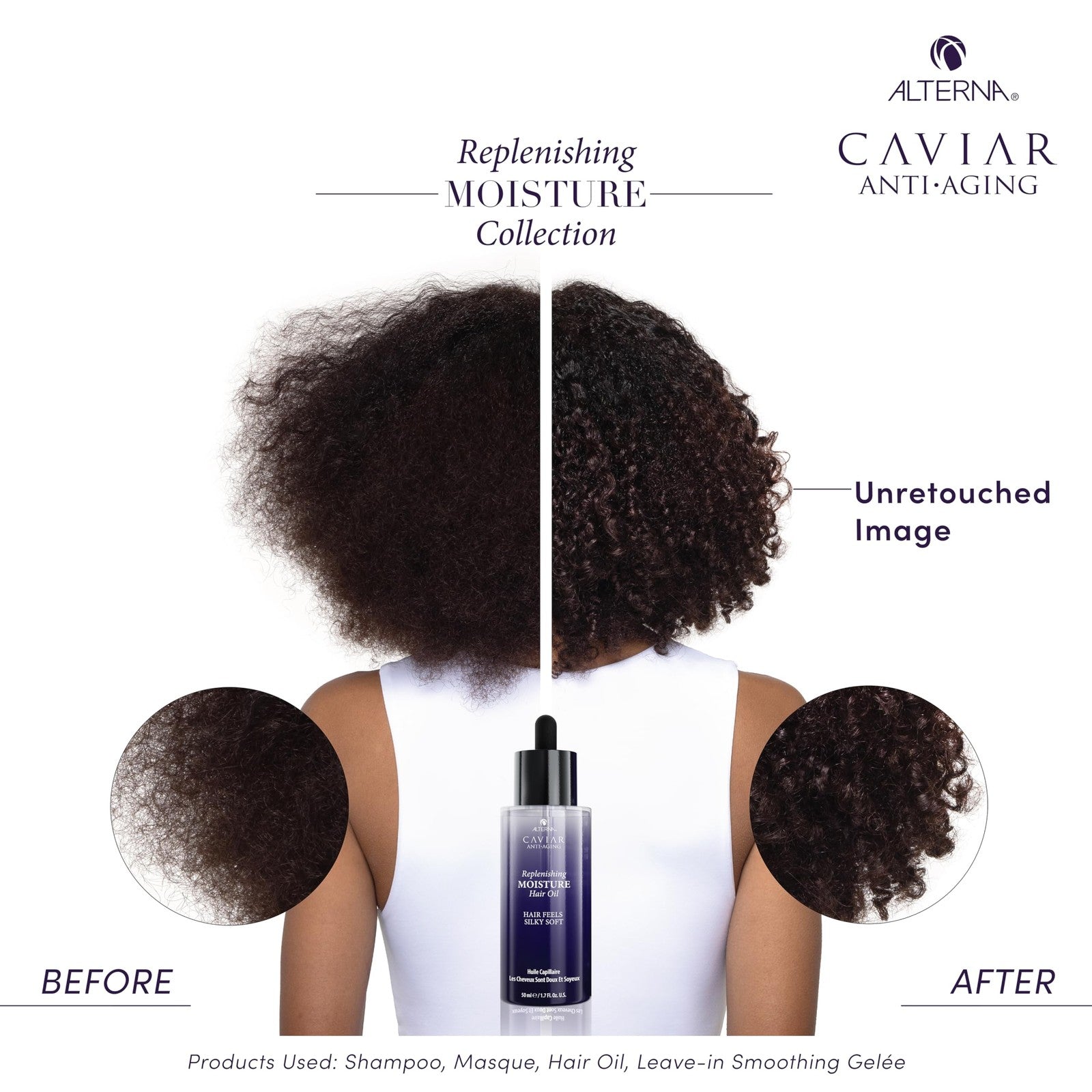 Alterna CAVIAR Anti-Aging Replenishing Moisture Hair Oil in 1.7 oz bottle, showcasing sleek packaging and clear liquid inside.