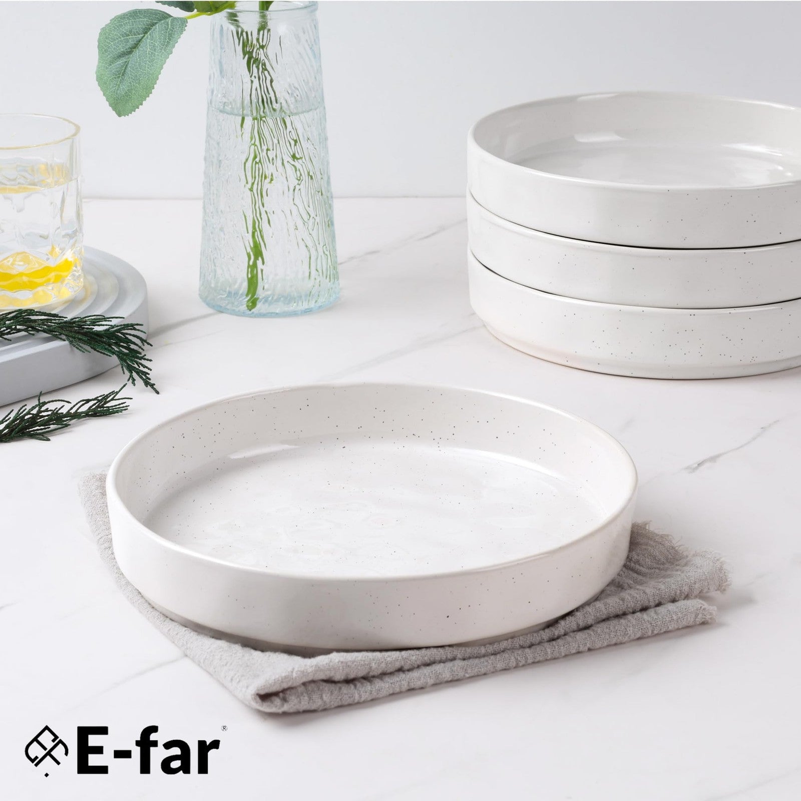 Set of four E-far 30oz pasta bowls with shallow design, 8.25-inch salad bowls for dinner and serving.