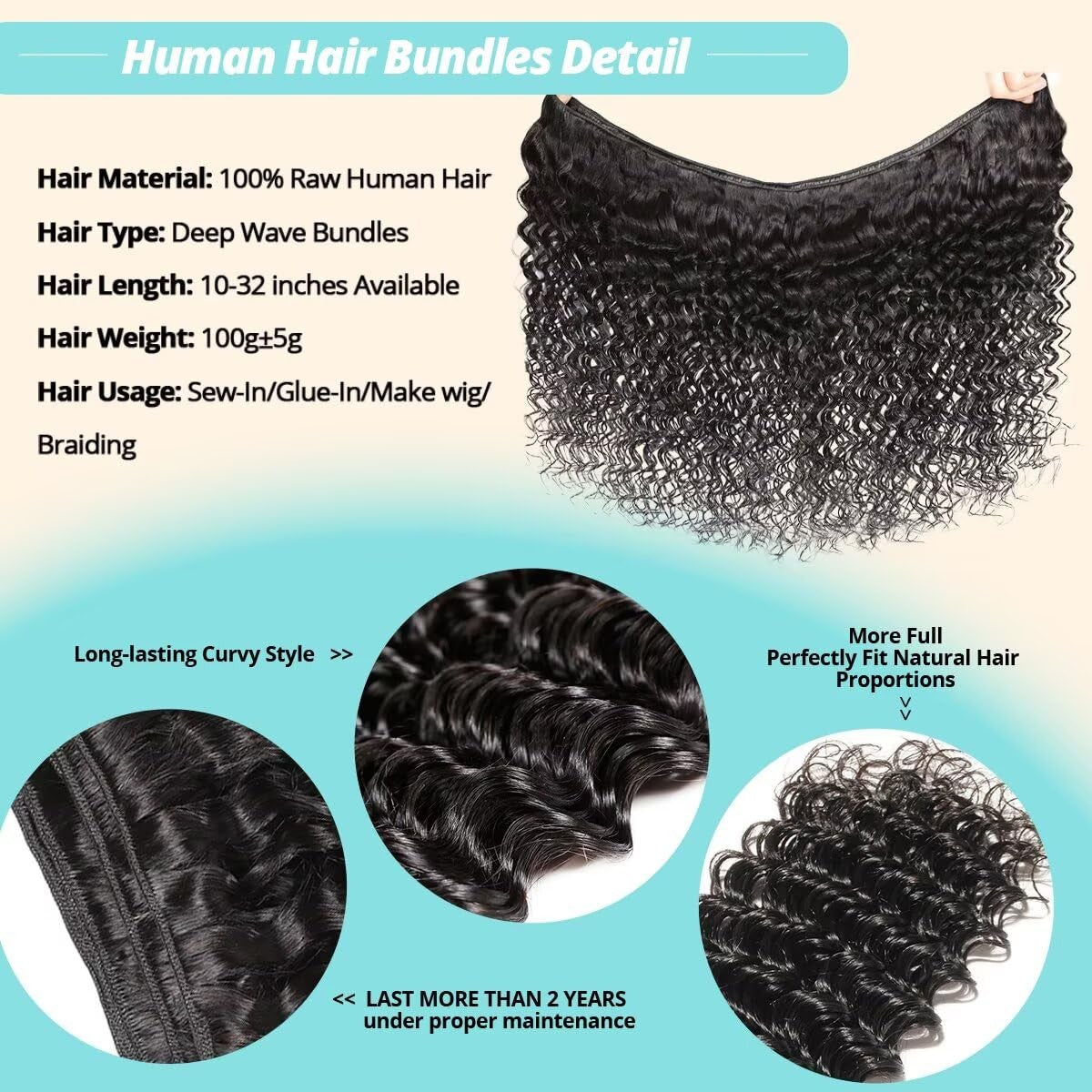 Unbranded Cuzuzu 12A human hair bundles in deep wave style, 22, 24, 26 inches, showcasing full, shiny deep wave natural hair.