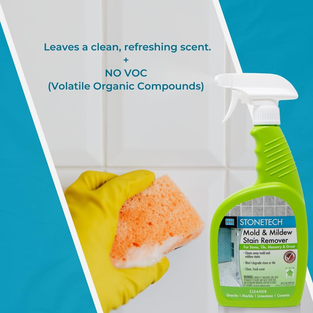 Laticrete StoneTech Mold and Mildew Stain Remover Cleaning Kit for kitchen, patio, and shower surfaces, with cleaning tools and solution.