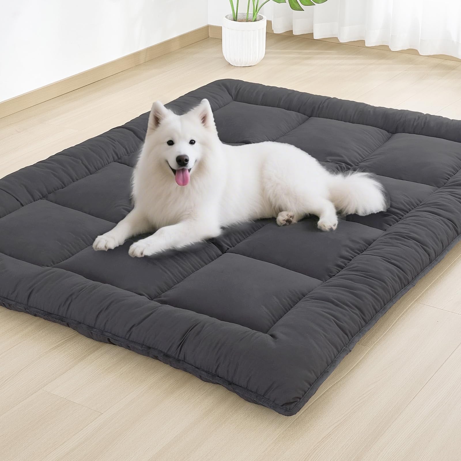 Foldable grey Japanese floor mattress by SHOUREN, portable roll-up futon mattress for sleeping or lounging.