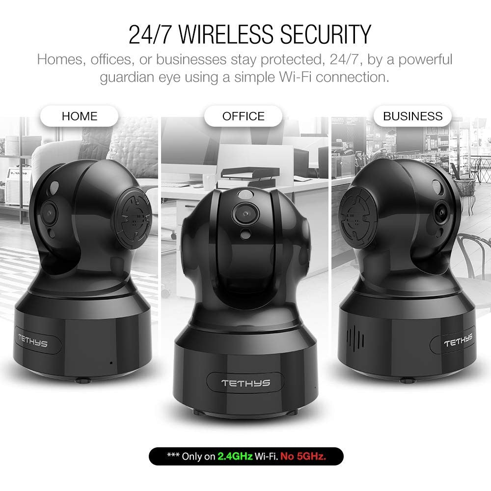 TETHYS Wireless Security Camera 1080P indoor with pan/tilt, WiFi, and Alexa compatibility, showing the camera mounted on a wall.