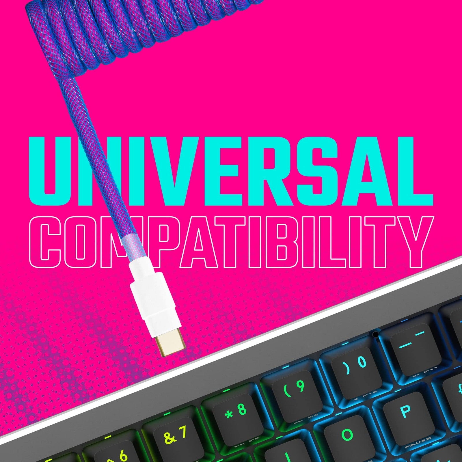 Cooler Master Thunderstorm blue-purple coiled cable with detachable metal Aviato connector for gaming or PC setups.