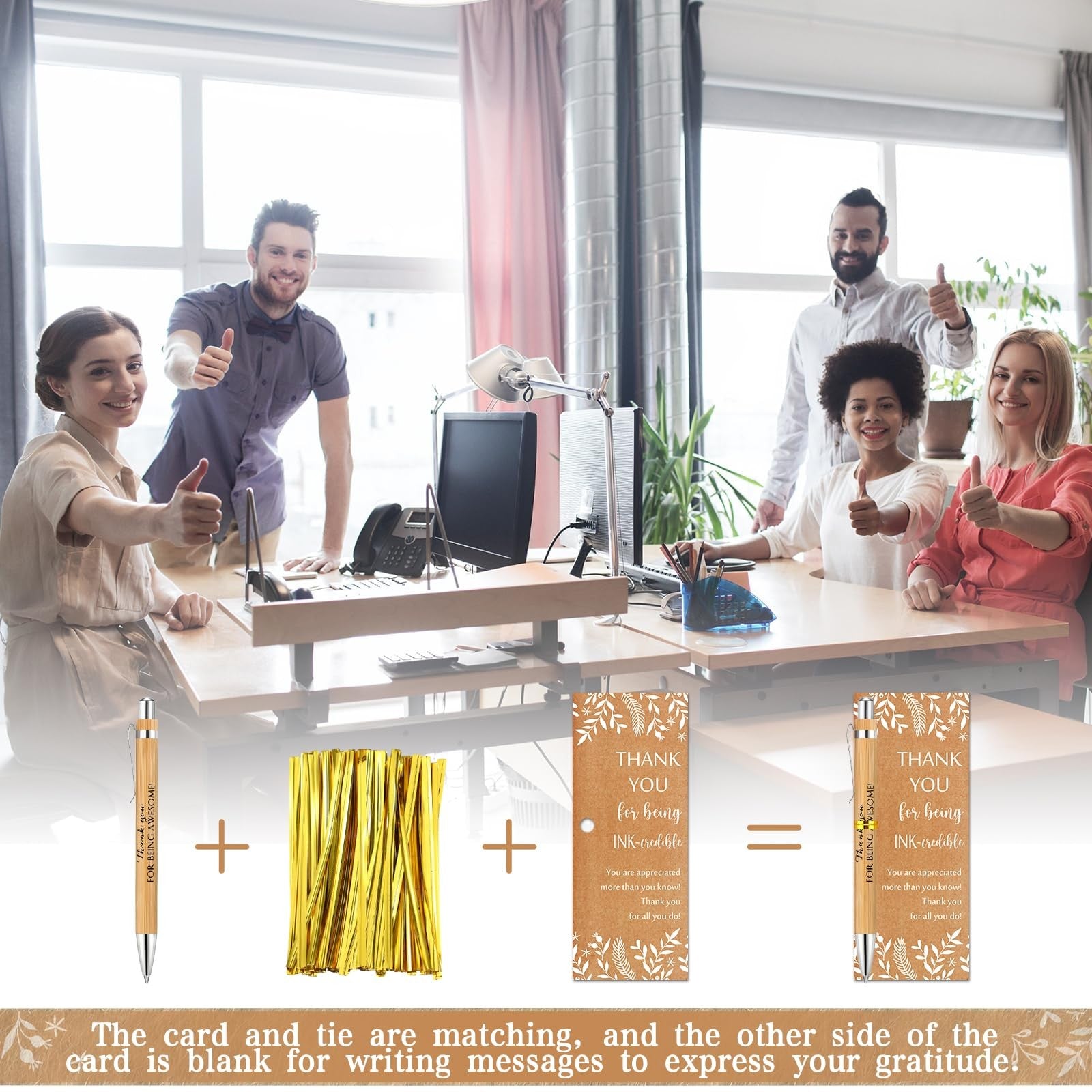 ReliThick employee appreciation gifts bulk set featuring 50 bamboo ballpoint pens with inspirational messages on white barrels.