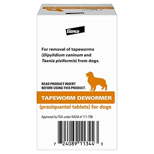 Elanco Tapeworm Dewormer Praziquantel tablets for dogs and puppies, 5-count package, showing tablets and packaging.
