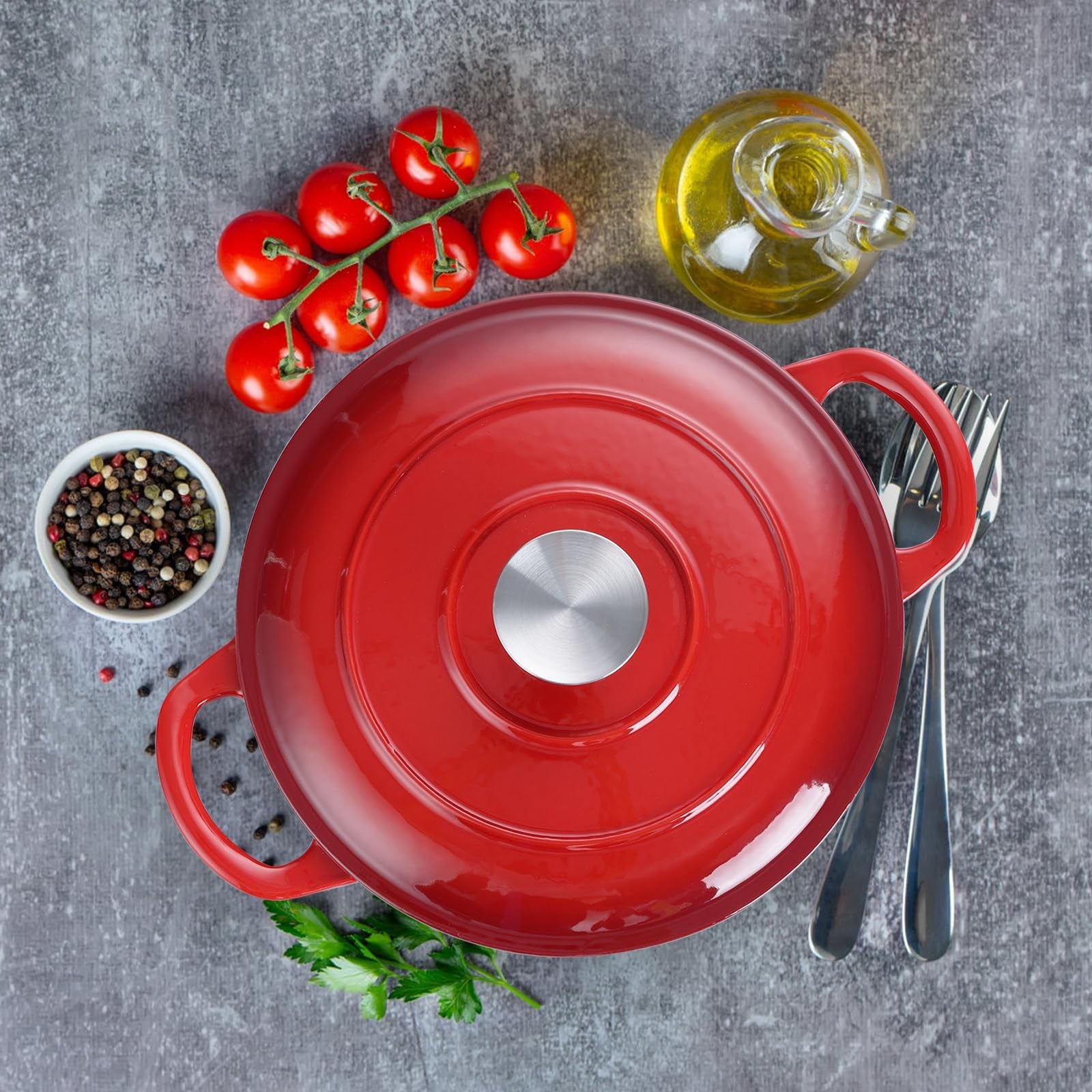 E-far 3 Qt enameled cast iron Dutch oven with lid, small round nonstick cooking pot for braising and baking.