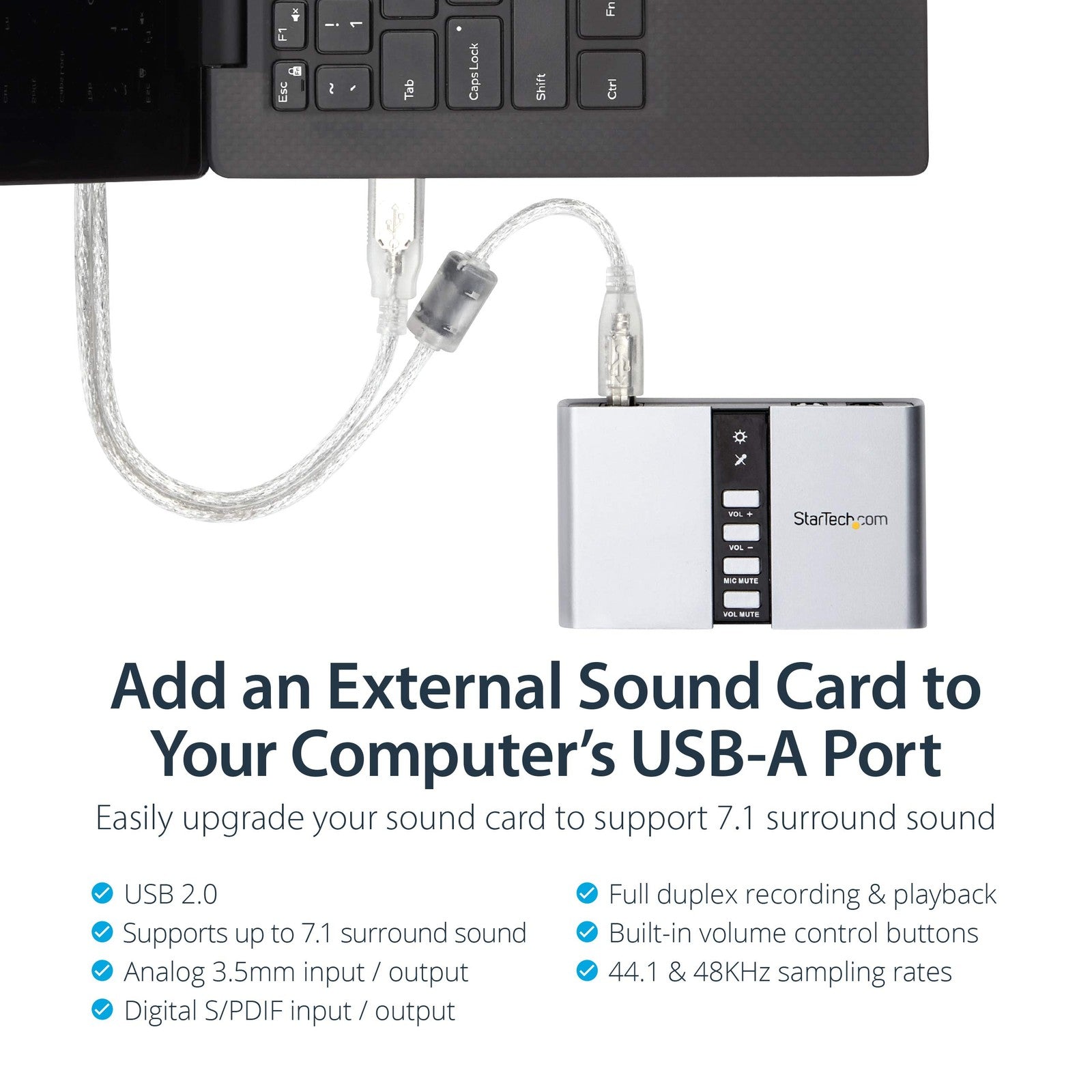StarTech.com 7.1 USB sound card external audio interface with SPDIF digital output, connected to a laptop for enhanced audio.