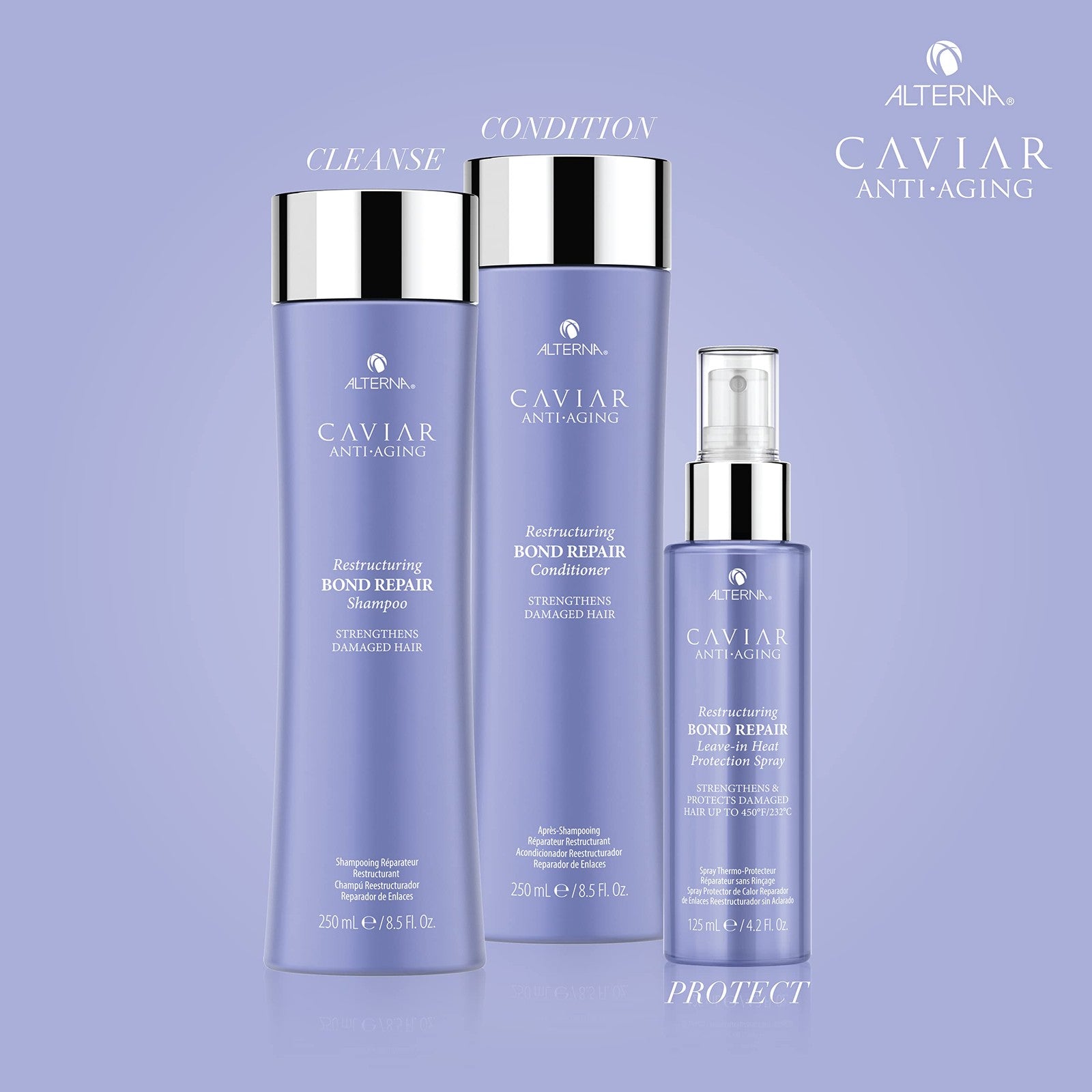 Alterna CAVIAR Anti-Aging Restructuring Bond Repair Leave-In Heat Protectant for damaged hair with caviar extract.