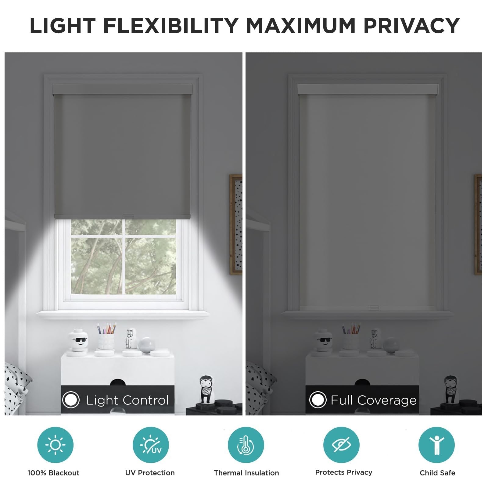 Joydeco blackout roller shade for windows, cordless design with free-stop mechanism, made of 100% blackout fabric.