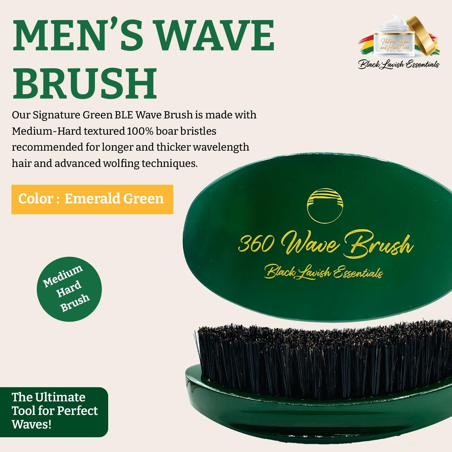 Black Lavish Essentials 360 Wave Brush with curved design, soft and hard boar bristles for building deeper waves on Black hair.