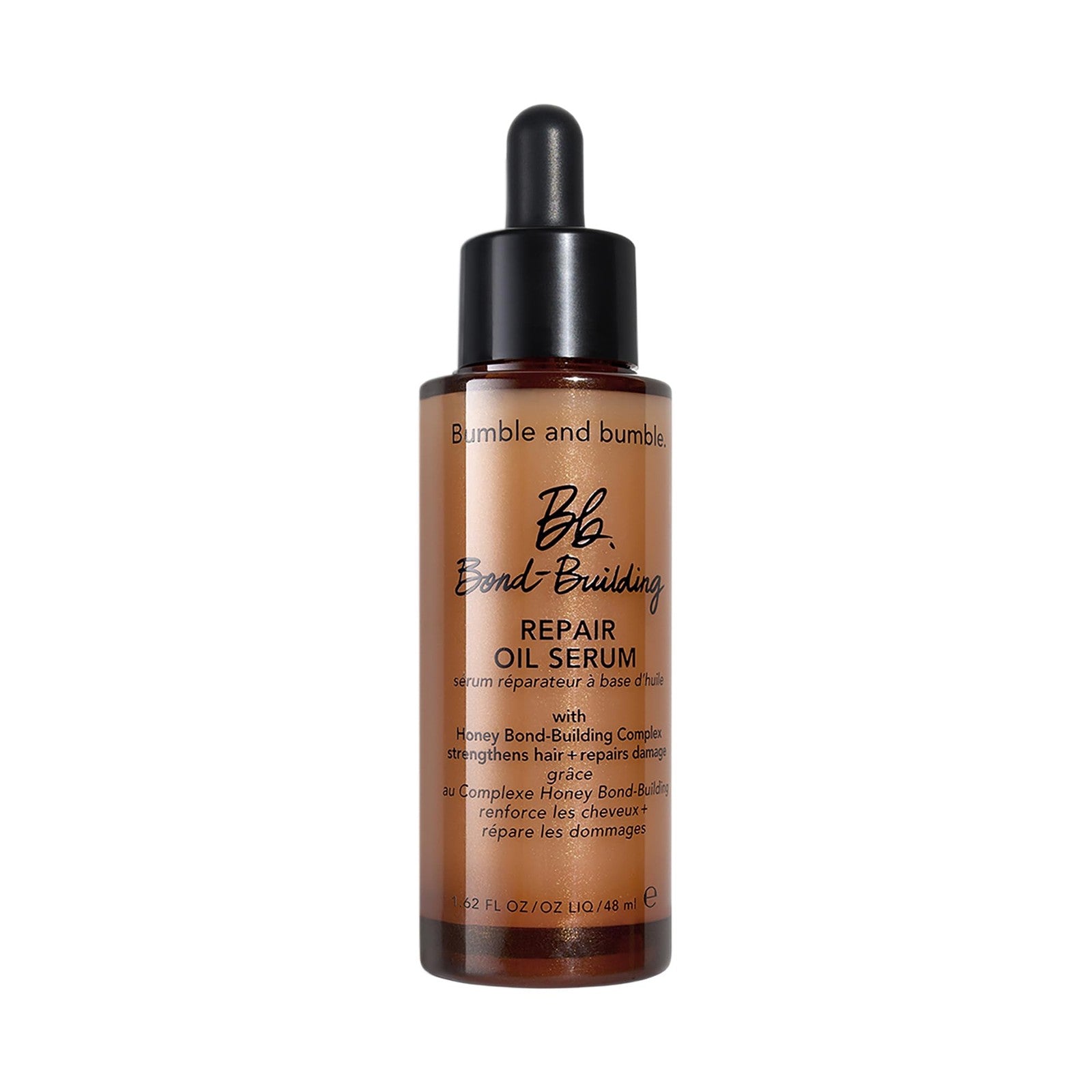 Bumble and bumble Bond-Building Hair Repair Oil Serum for damaged hair, featuring a sleek bottle and dropper applicator.