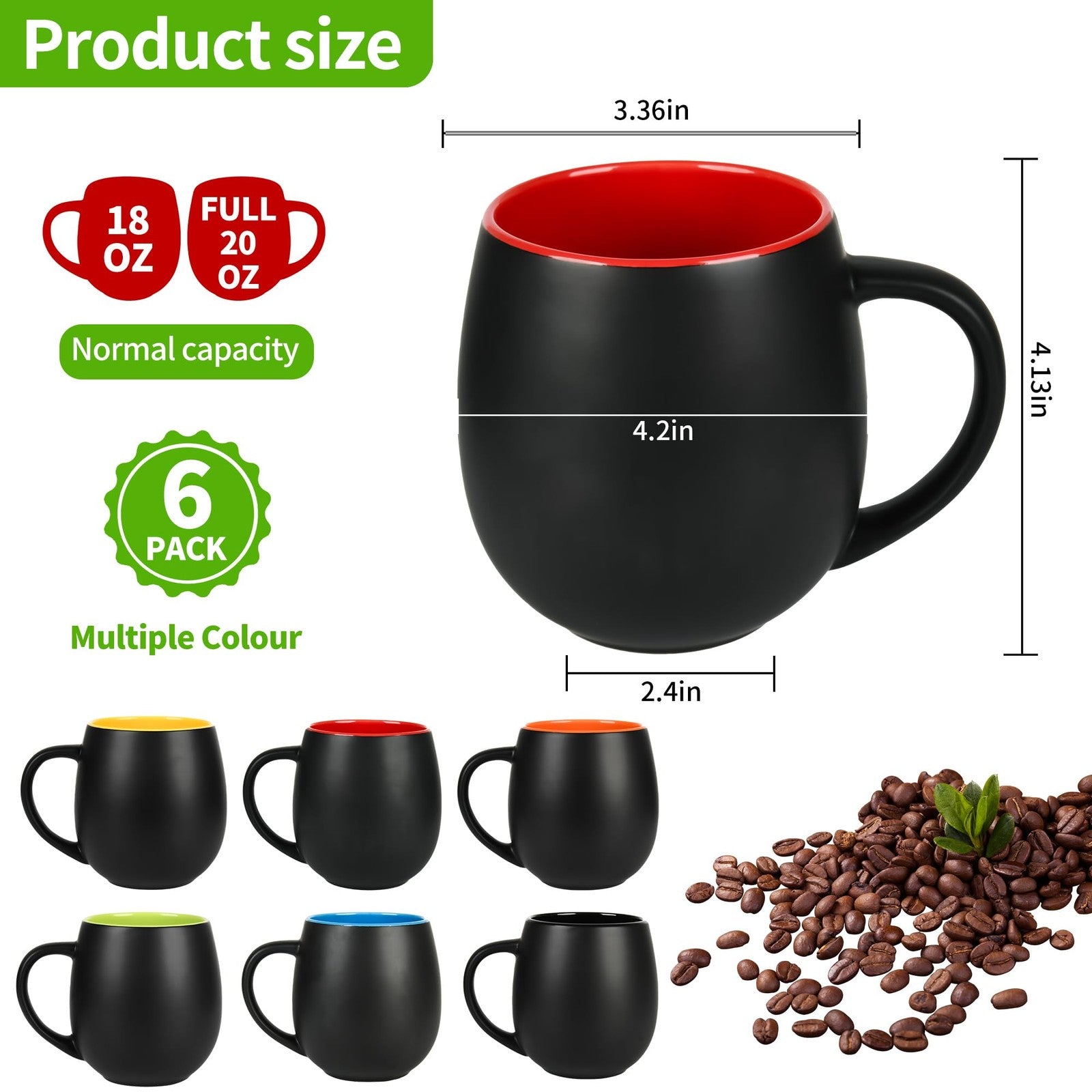BYCNZB 20oz matte black ceramic coffee mug set with multiple colors, featuring a sturdy porcelain design and large capacity.