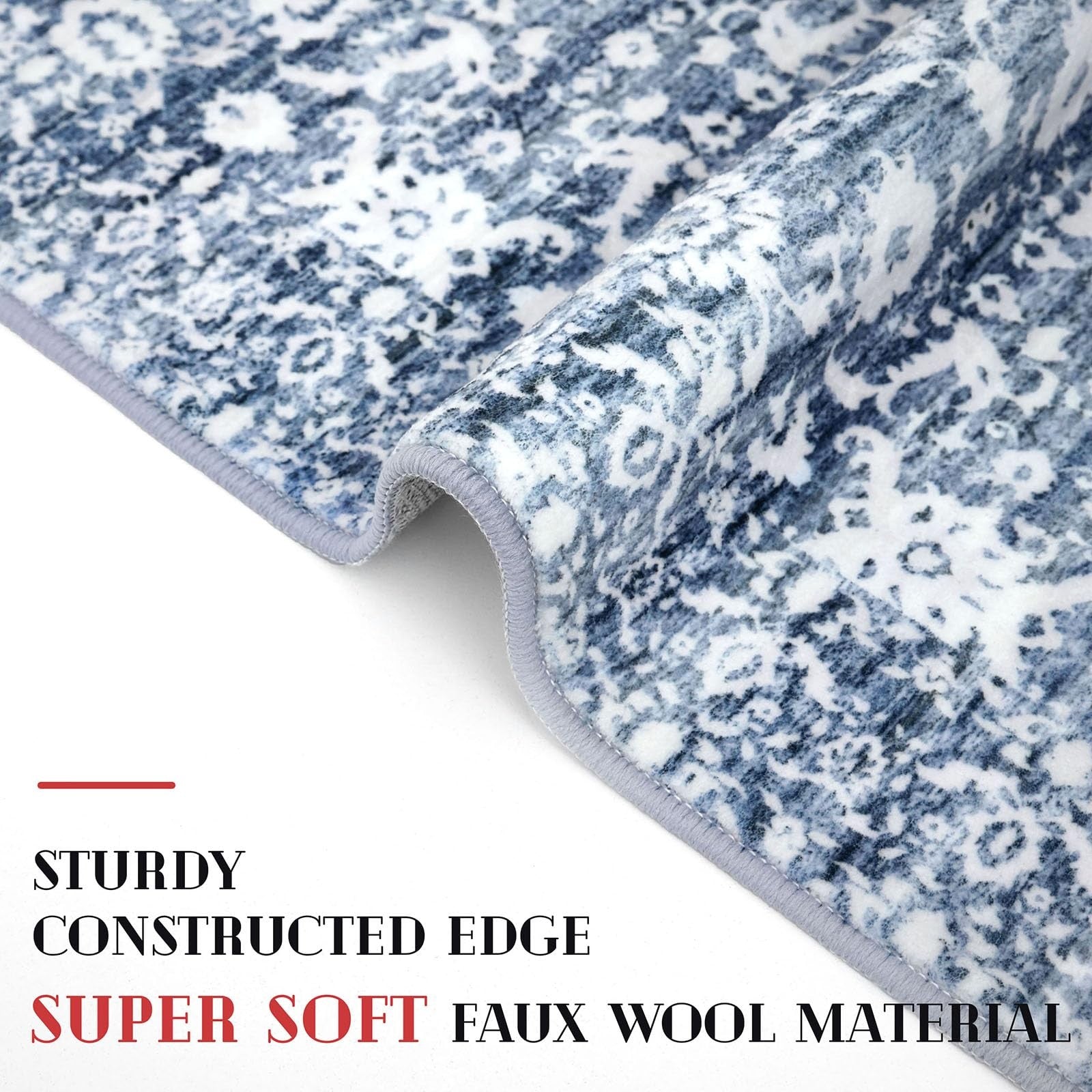 Lansny vintage floral 2x7 light blue and white washable runner rug with non-slip backing, ideal for bedrooms.