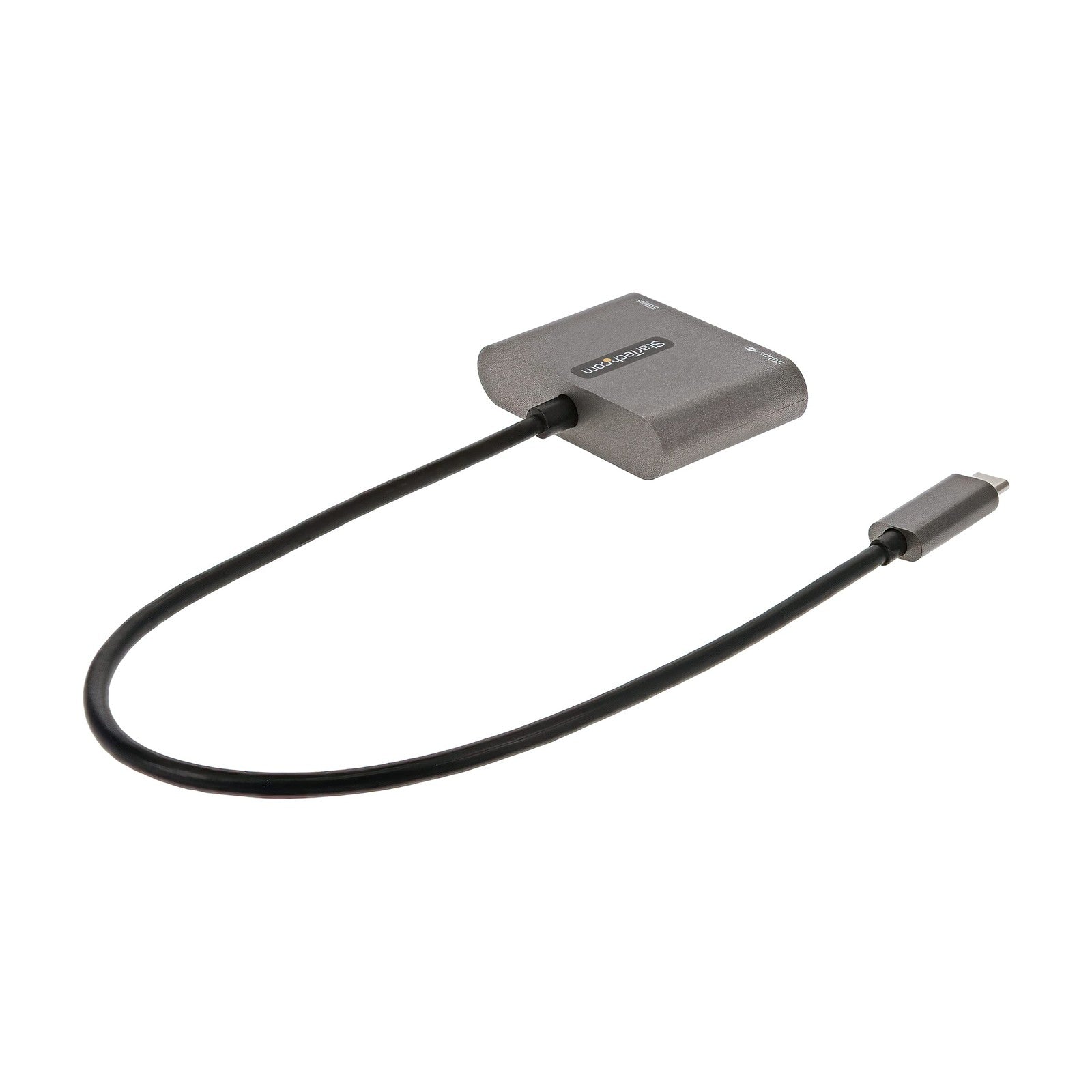 StarTech.com USB C multiport adapter with HDMI, USB-A, and SD card slots connected to a USB-C enabled device.
