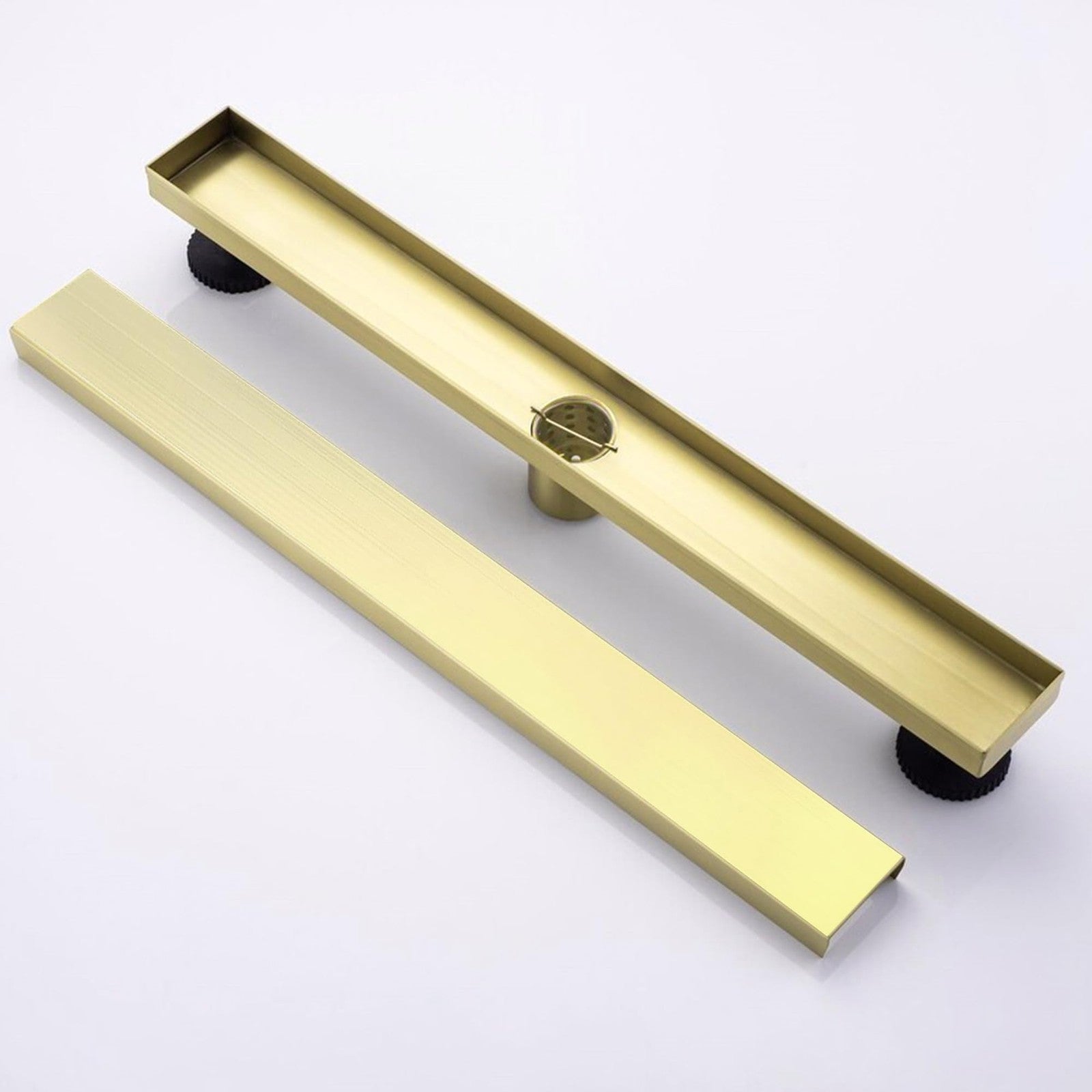 Eblog 24-inch linear shower drain made of AISI 304 stainless steel with a removable golden floor drain cover.