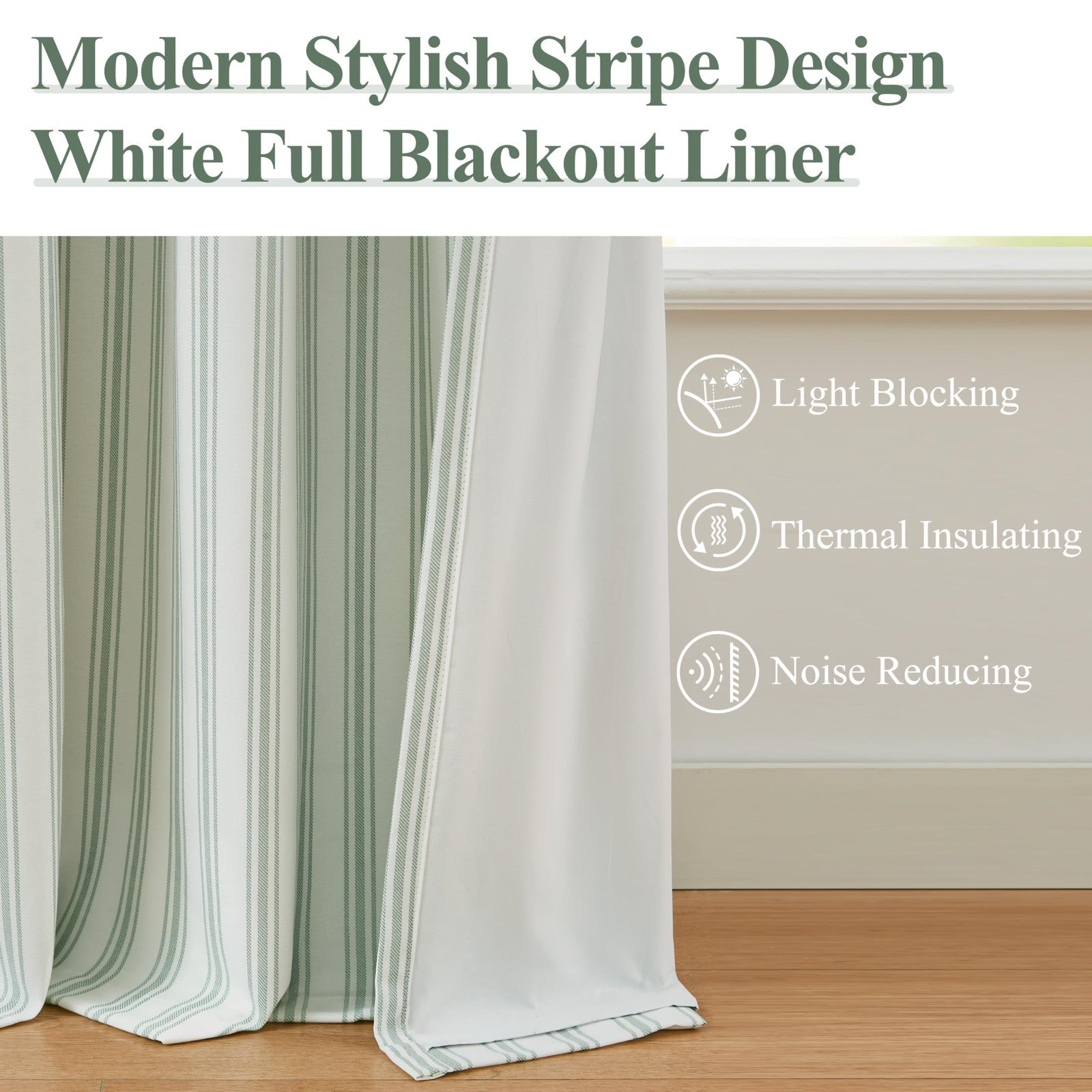 Green and white striped Zjdecor cotton blend blackout curtains with a 63-inch length, designed for full blackout coverage.