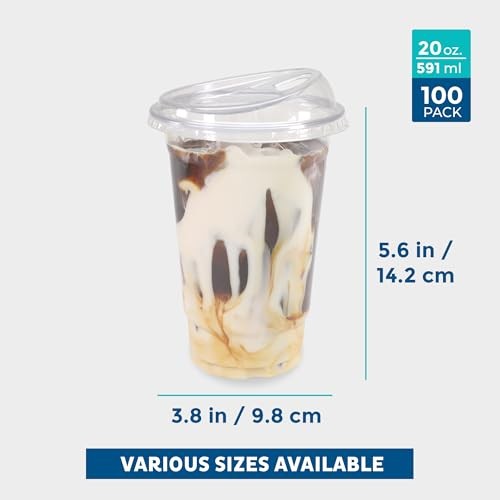 Set of 20 oz clear plastic disposable cups with strawless sip lids, produced by Freshware, arranged in a pack of 100.