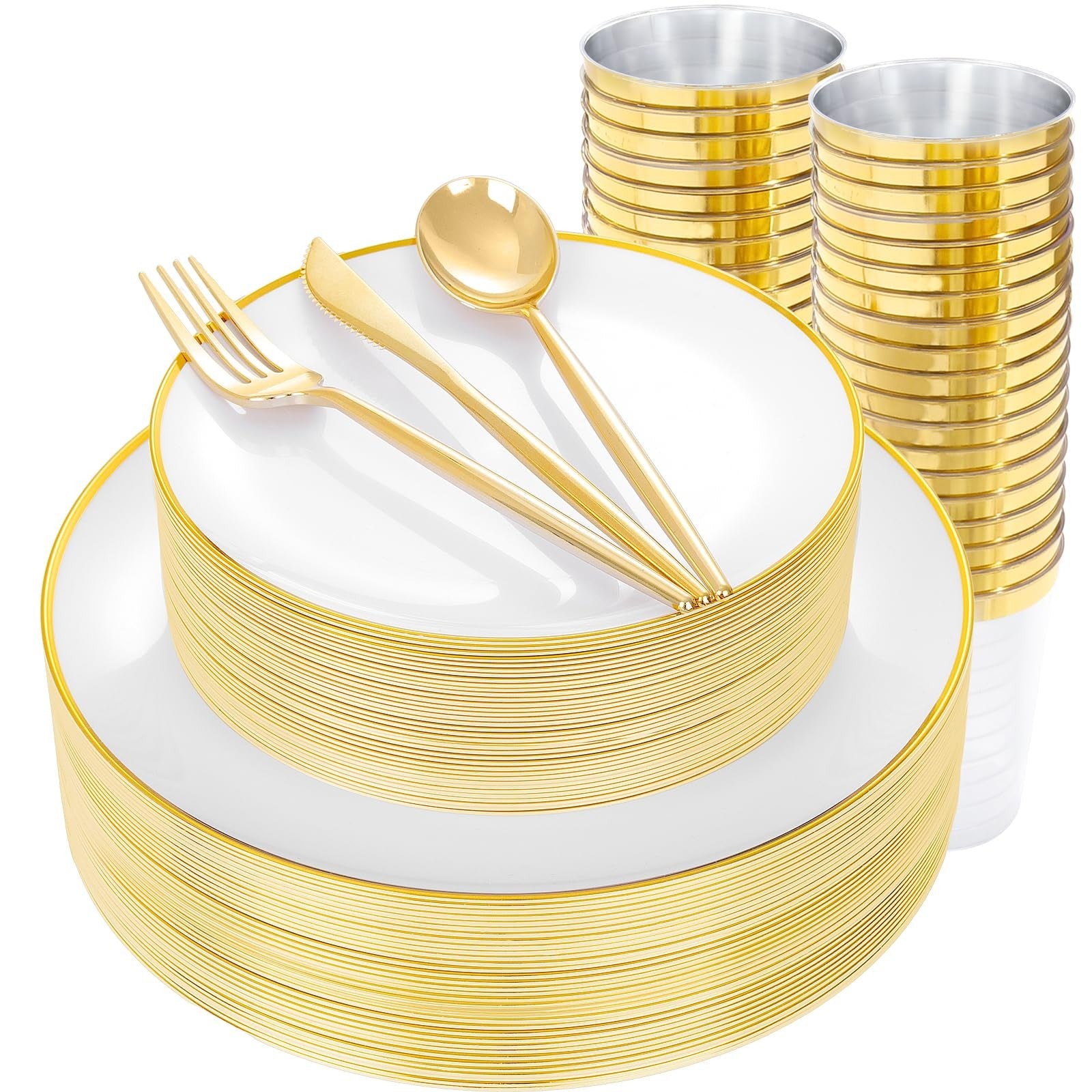 Set of 10 white and gold plastic plates for parties, featuring elegant gold accents, from ejonirinjonir.