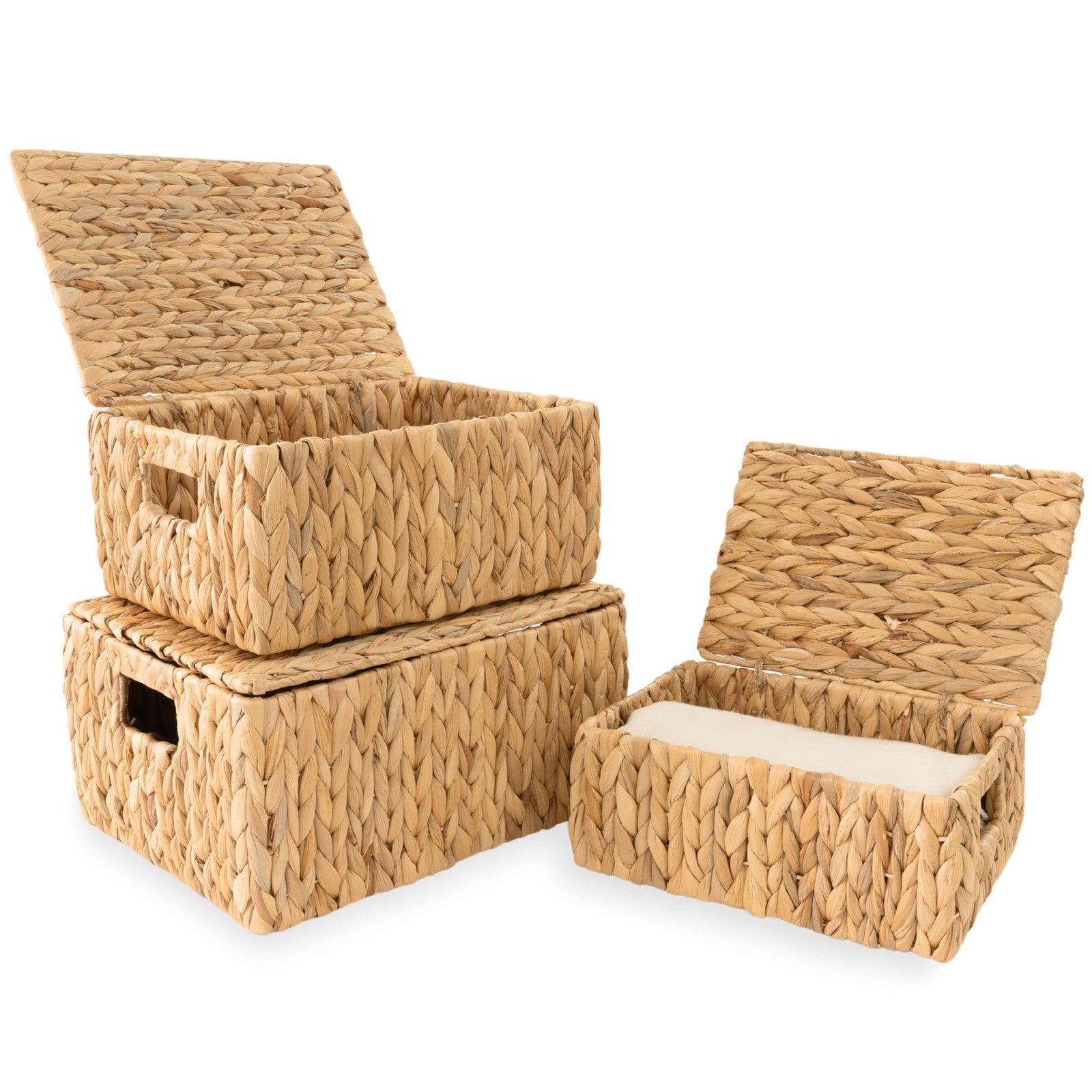 Set of three KOLWOVEN wicker storage baskets with lids, rectangular decorative baskets for organized home storage.