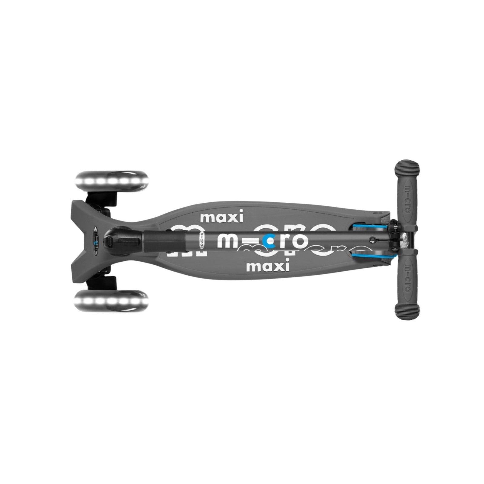 Micro Maxi Deluxe Foldable LED three-wheeled kickboard scooter with lean-to-steer design, shown in black with LED lights.