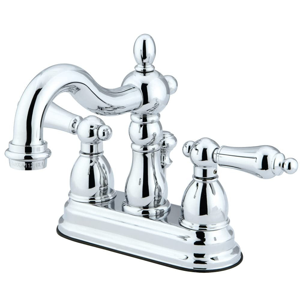 Kingston Brass Heritage 4-inch centerset lavatory faucet with metal lever handles, polished chrome finish, and traditional design