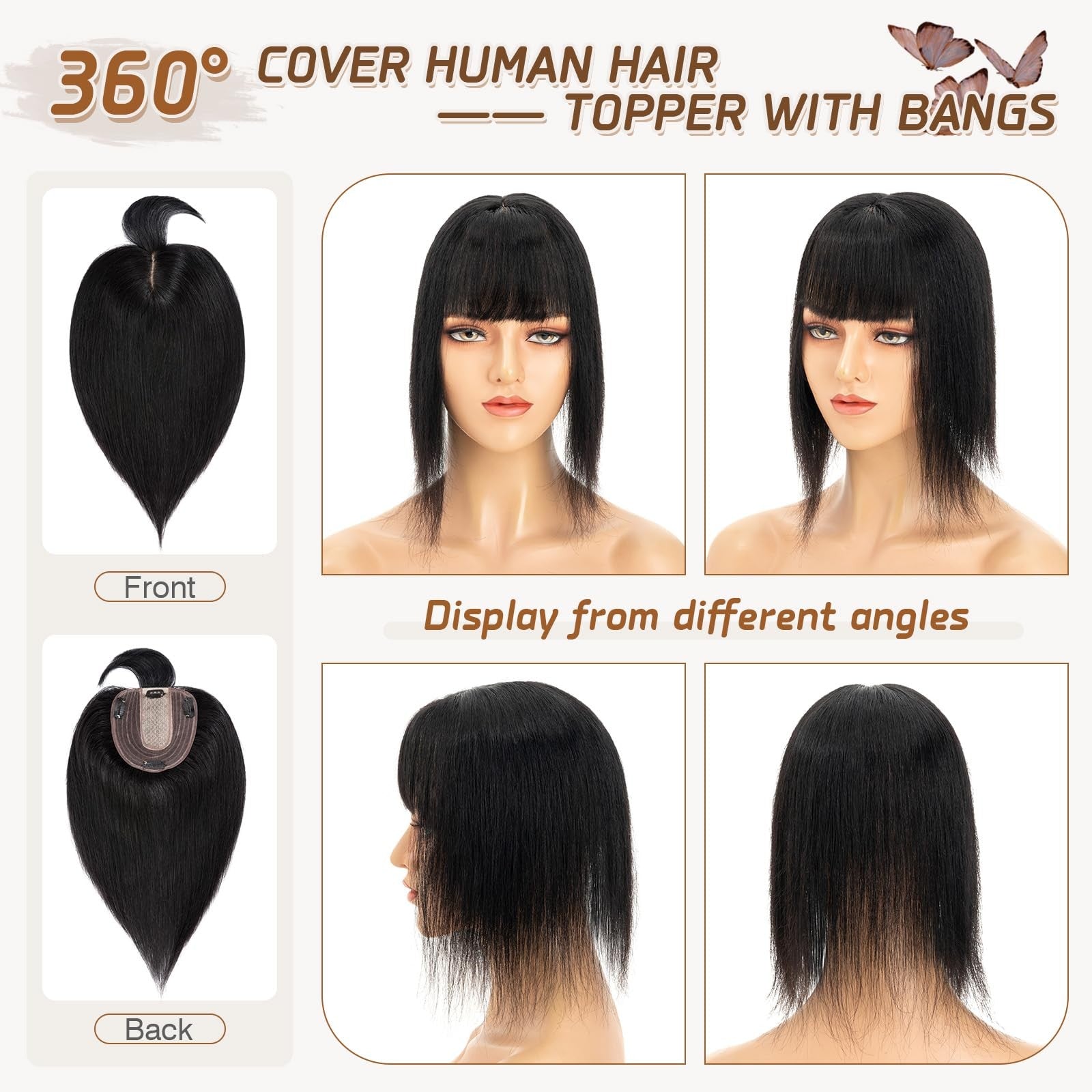 Rich Choices human hair topper for women with bangs, made from 100% Remy human hair, showcasing natural hair volume and style.