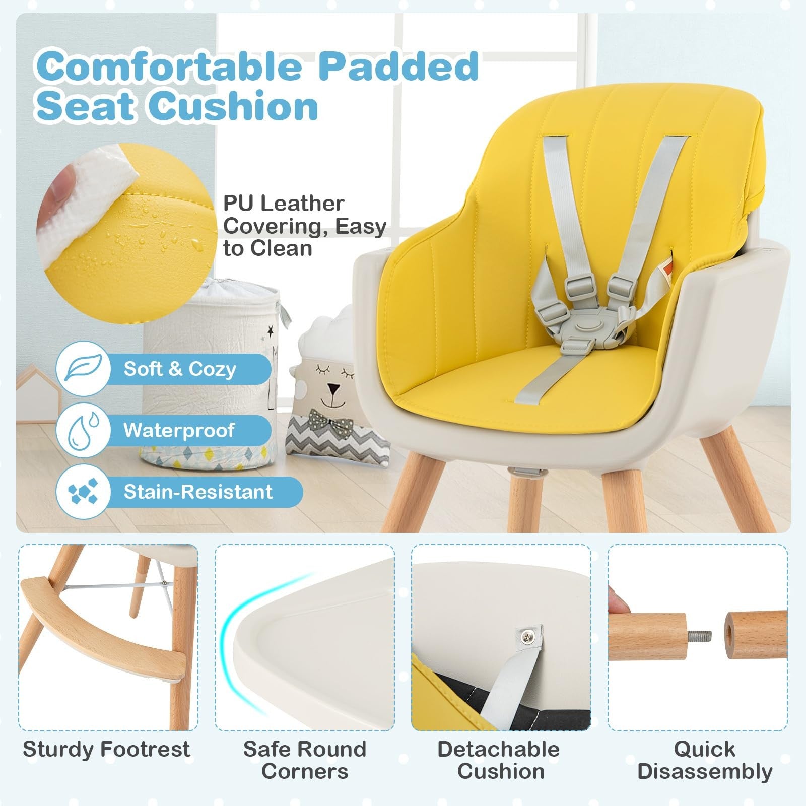 Honey Joy 3-in-1 wooden high chair for toddlers, convertible to booster seat, featuring a sturdy, child-friendly design