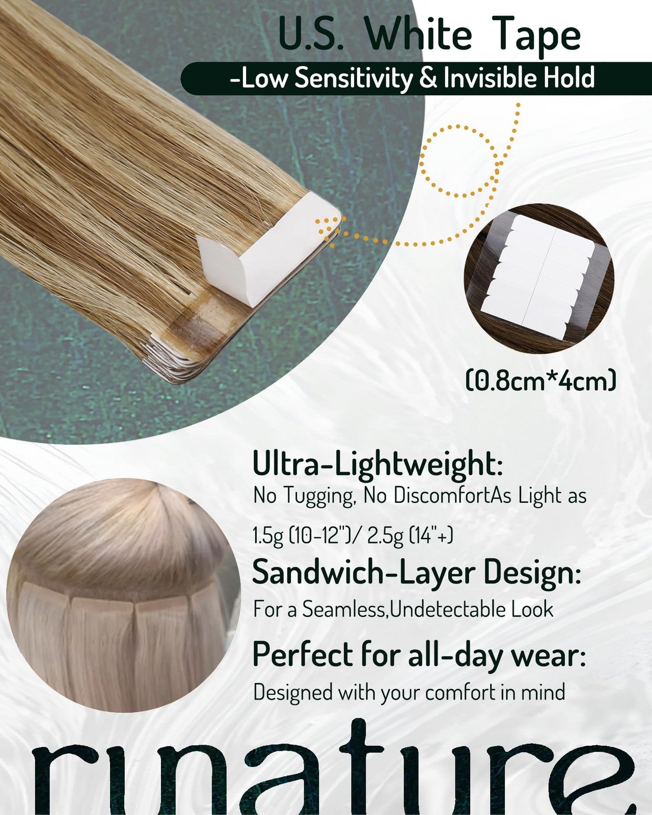 Runature Blonde Tape-In Hair Extensions, seamless human hair extensions shown in natural blonde color.