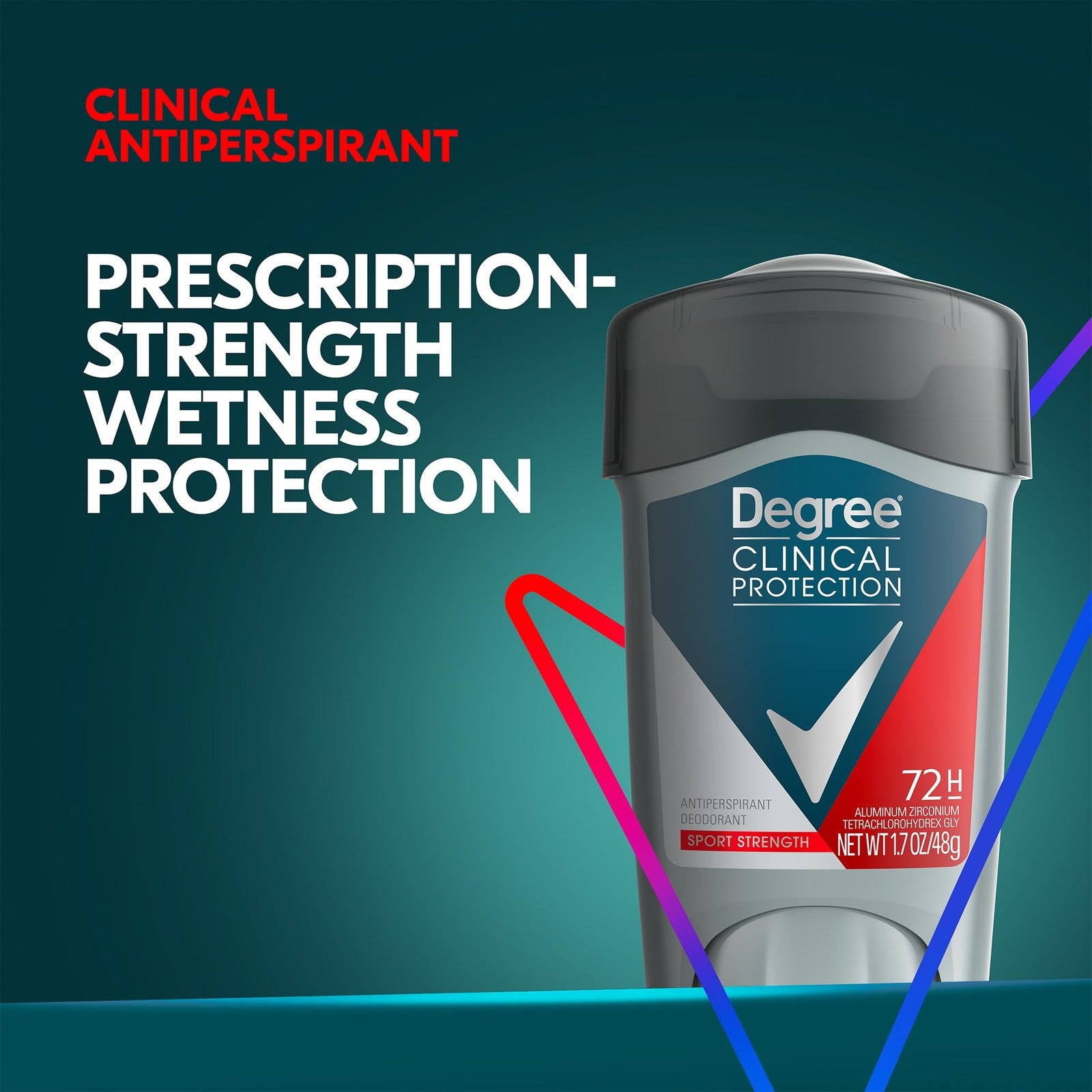 Degree Men Clinical Protection Sport Strength deodorant sticks, 4-pack, offering 72-hour antiperspirant protection.
