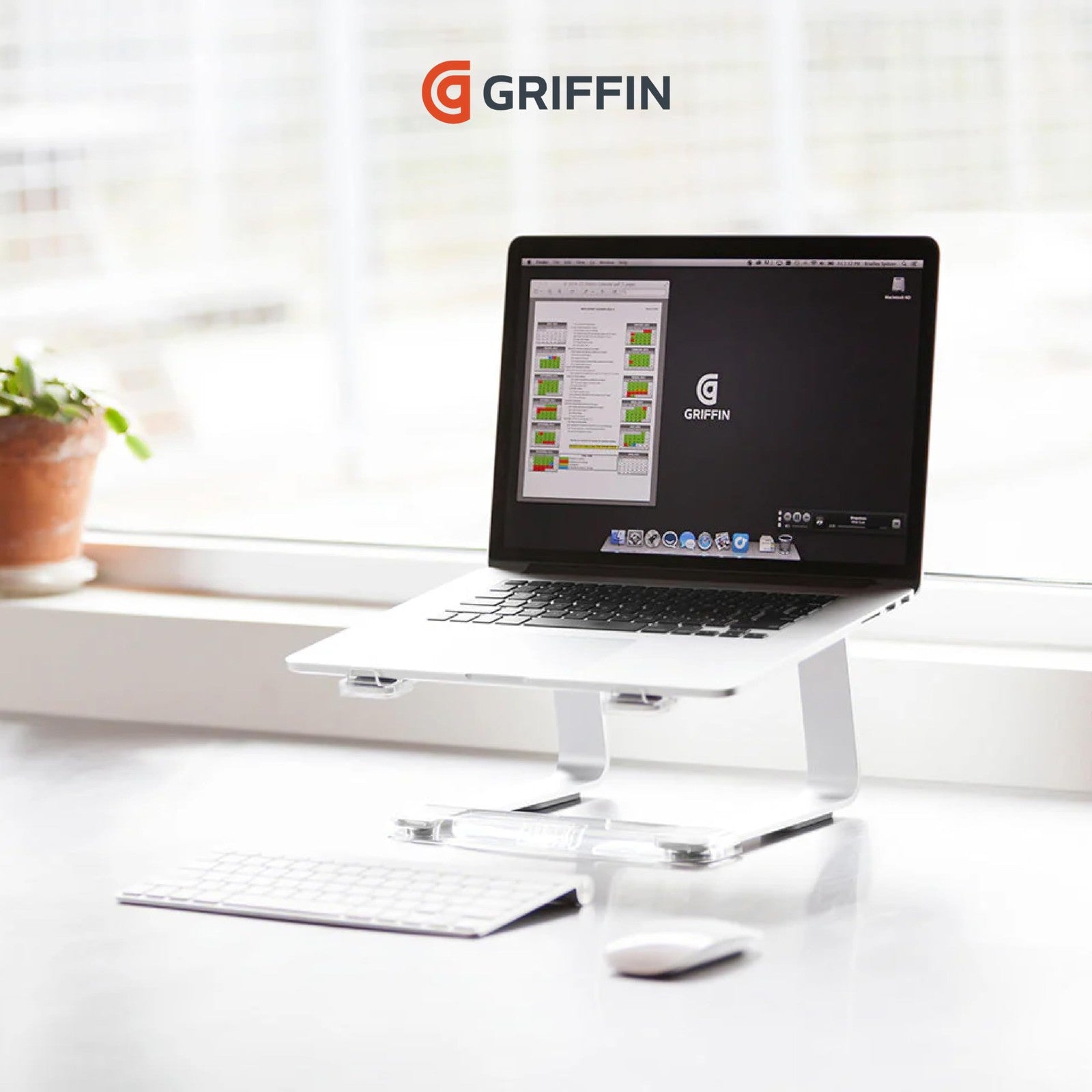 Griffin Elevator ergonomic aluminum laptop stand with adjustable riser and compact design for improved desk setup.